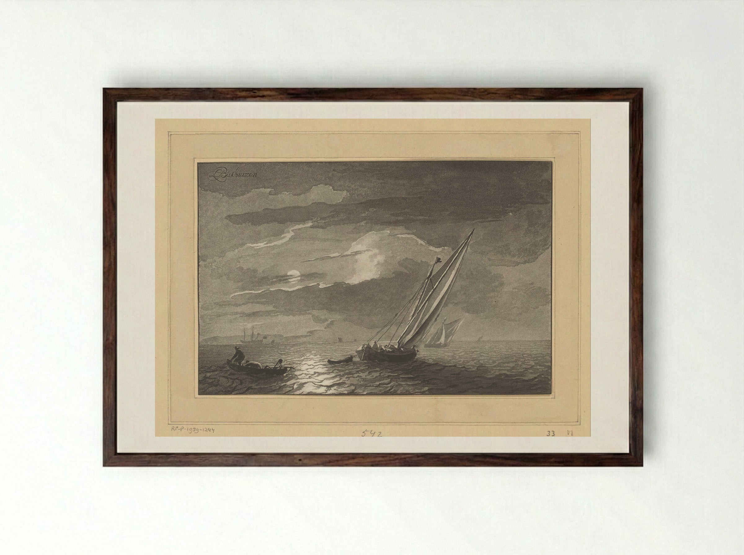 Zeegezicht met volle maan - Cornelis Brouwer - Framed Print Dark Wood