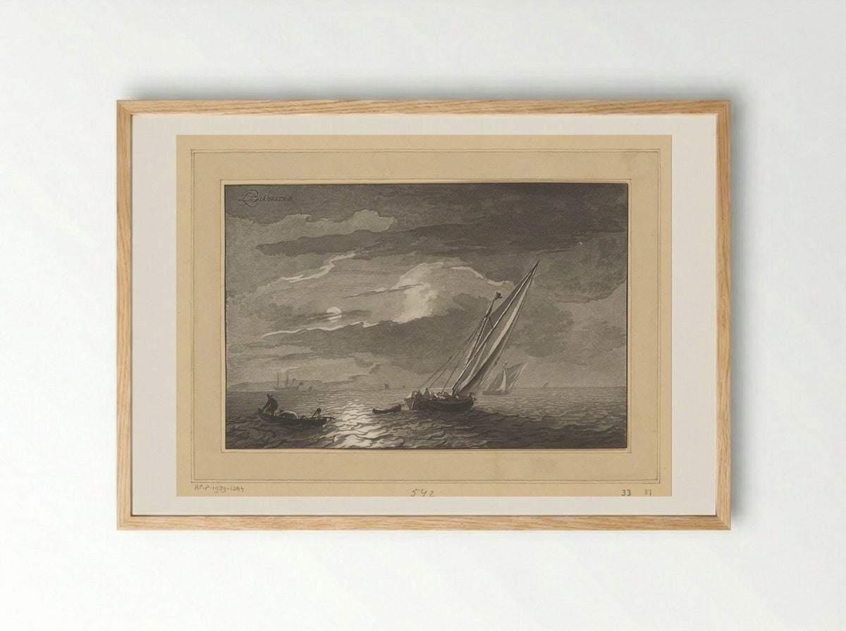 Zeegezicht met volle maan - Cornelis Brouwer - Framed Print Wood