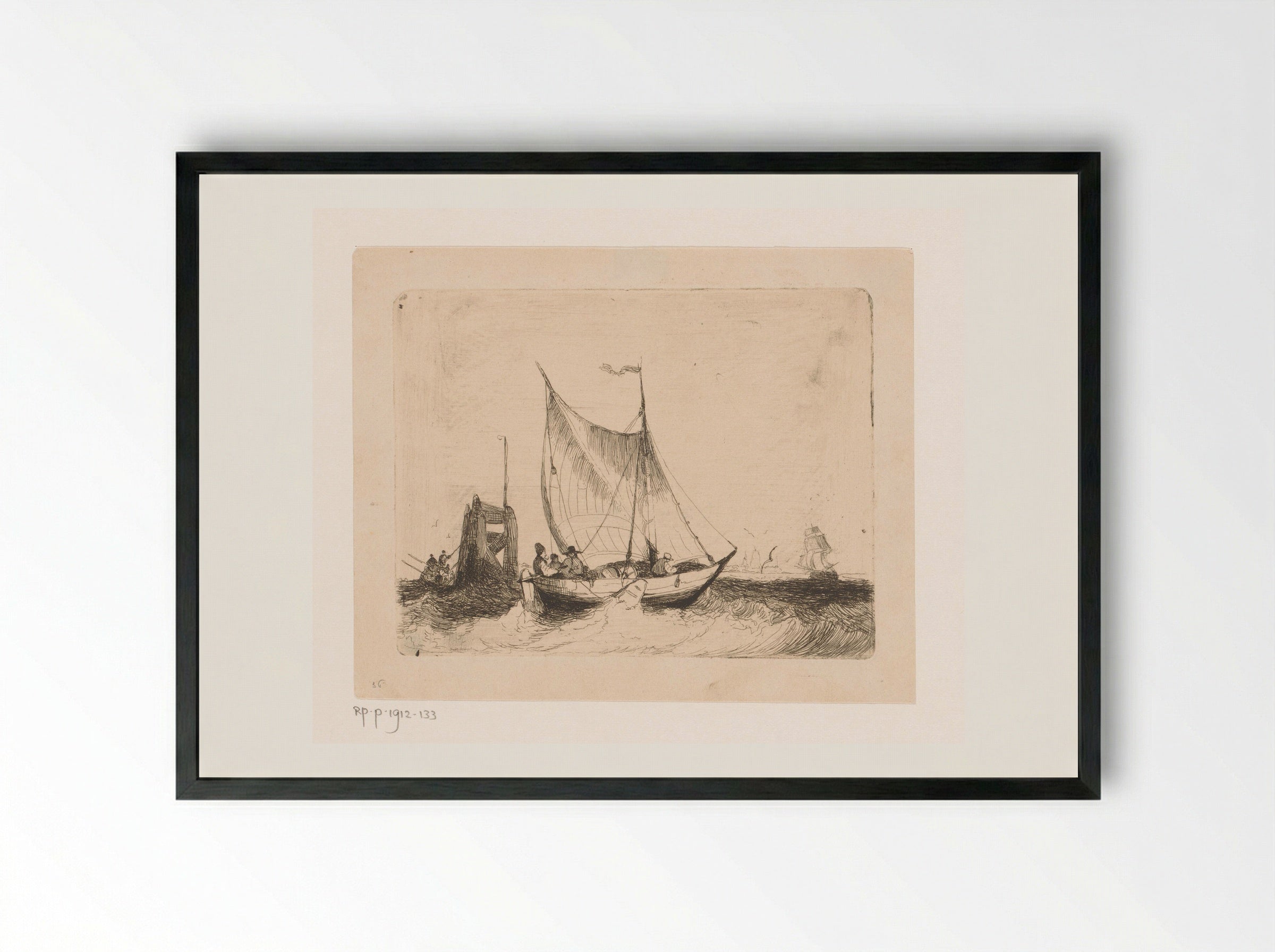 Zeegezicht met zeilboot en baken - Egidius Linnig - Framed Print Black