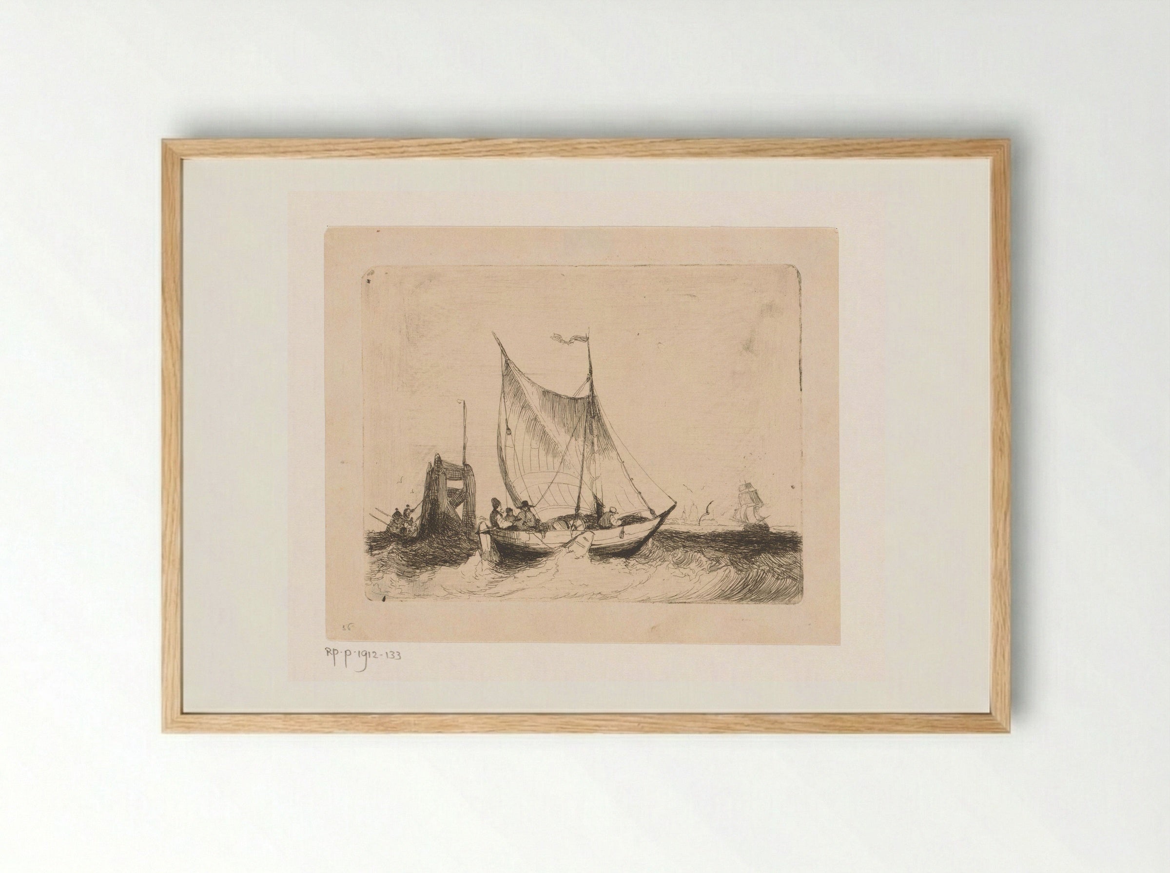 Zeegezicht met zeilboot en baken - Egidius Linnig - Framed Print Wood
