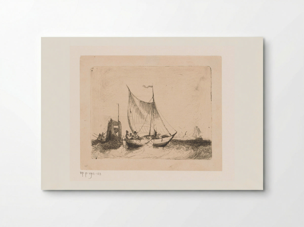 Zeegezicht met zeilboot en baken - Egidius Linnig - Poster