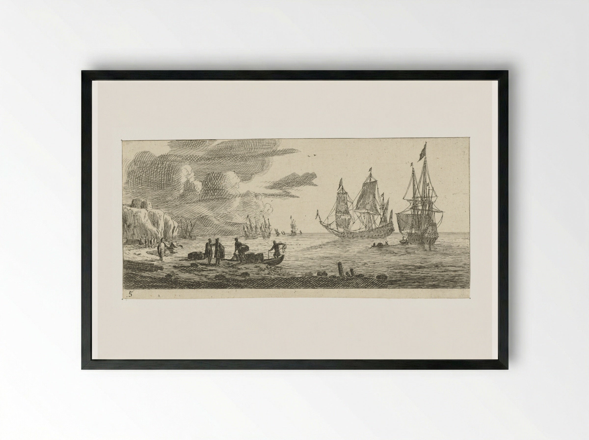 Zeehaven met twee grote zeilschepen - Reinier Nooms - Framed Print Black