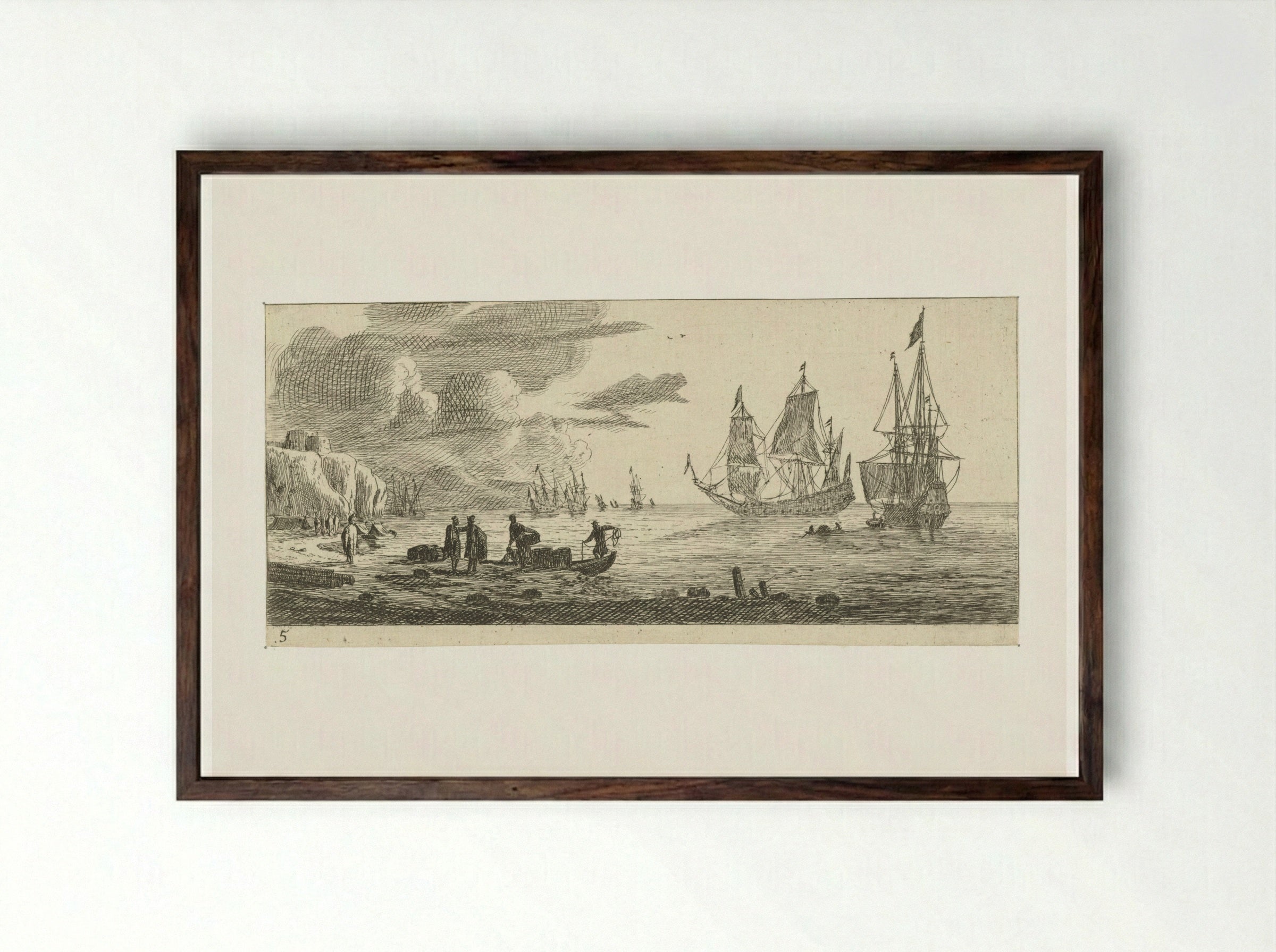 Zeehaven met twee grote zeilschepen - Reinier Nooms - Framed Print Dark Wood