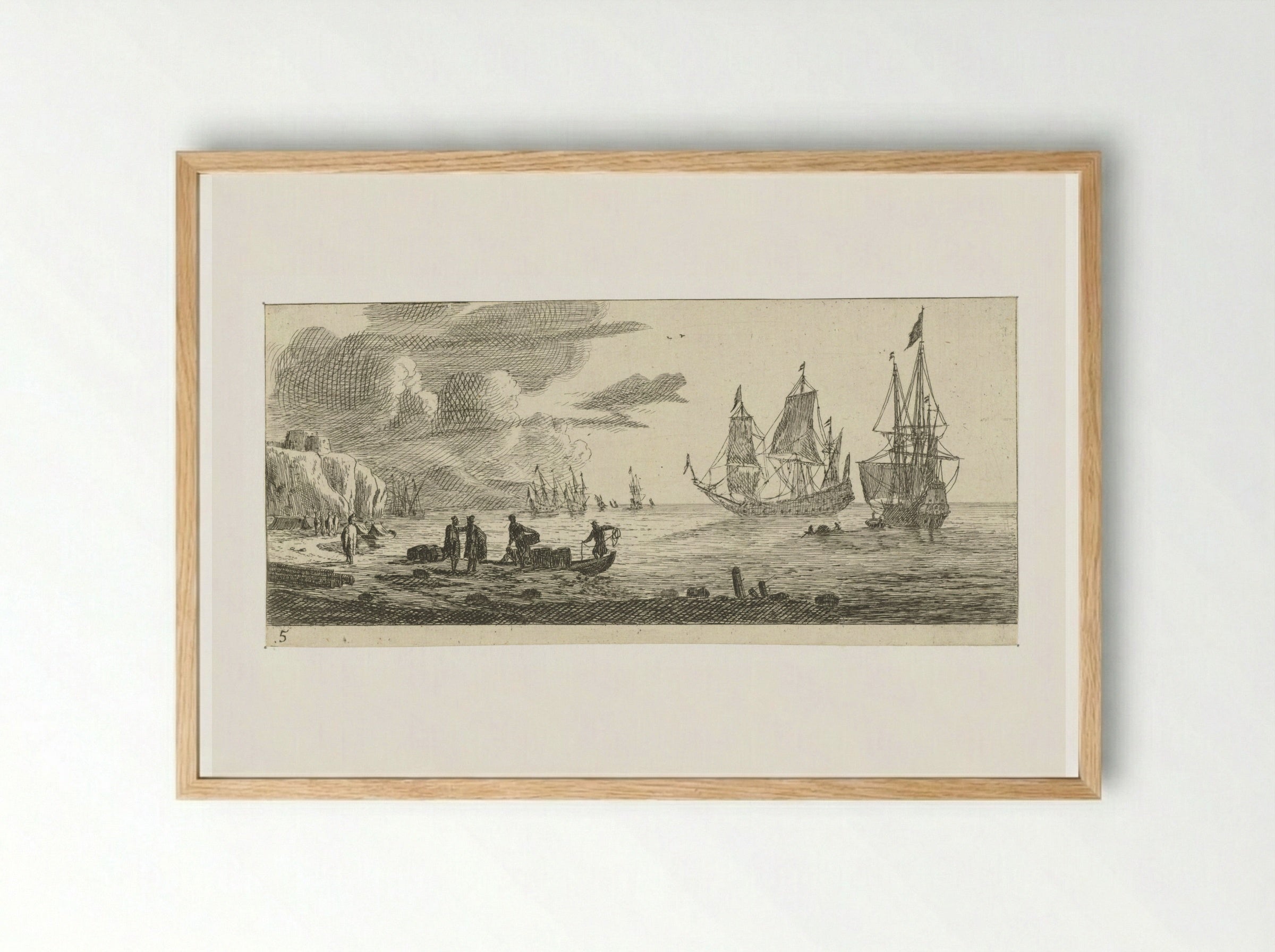 Zeehaven met twee grote zeilschepen - Reinier Nooms - Framed Print Wood