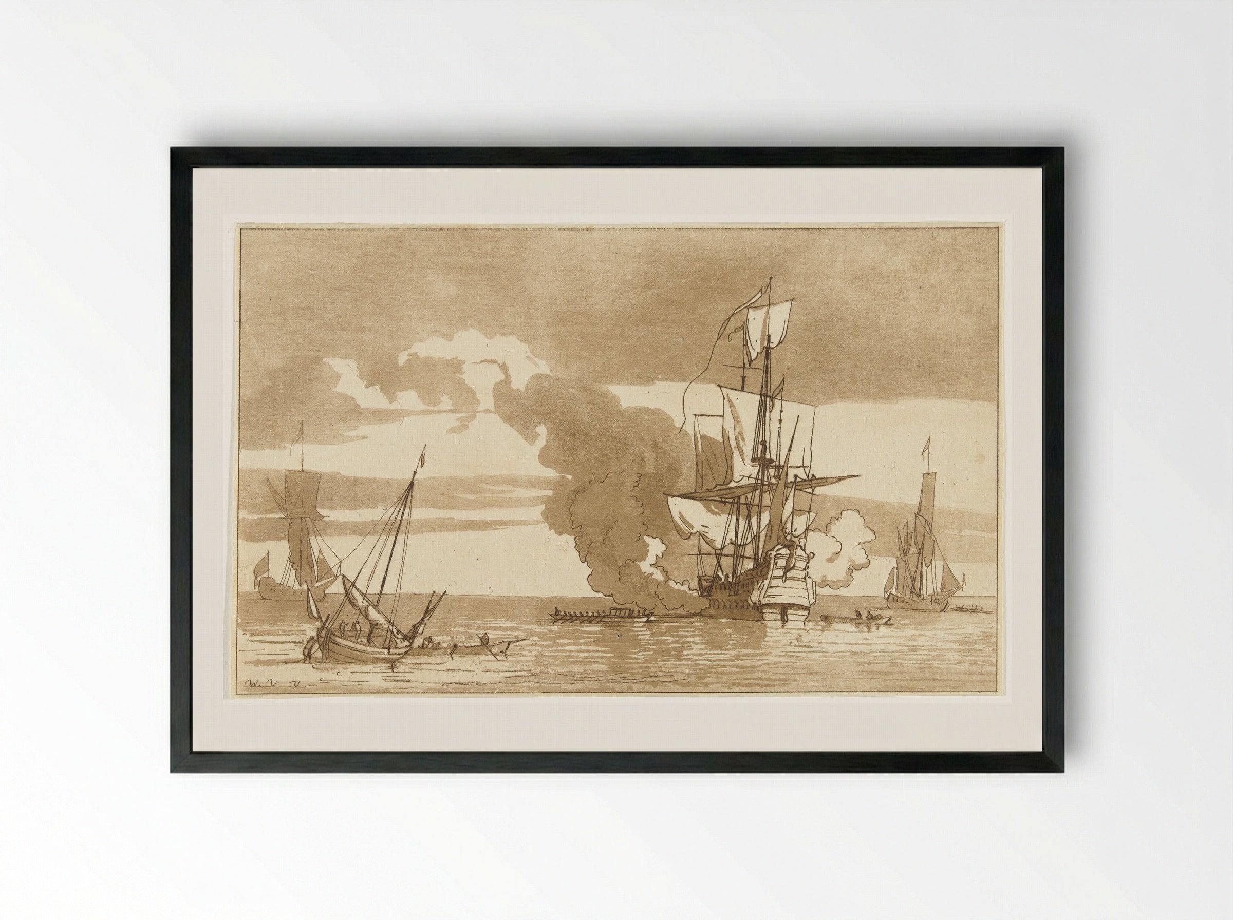 Zeeslag (Naval Battle) - Anthonie van den Bos - Framed Print Black