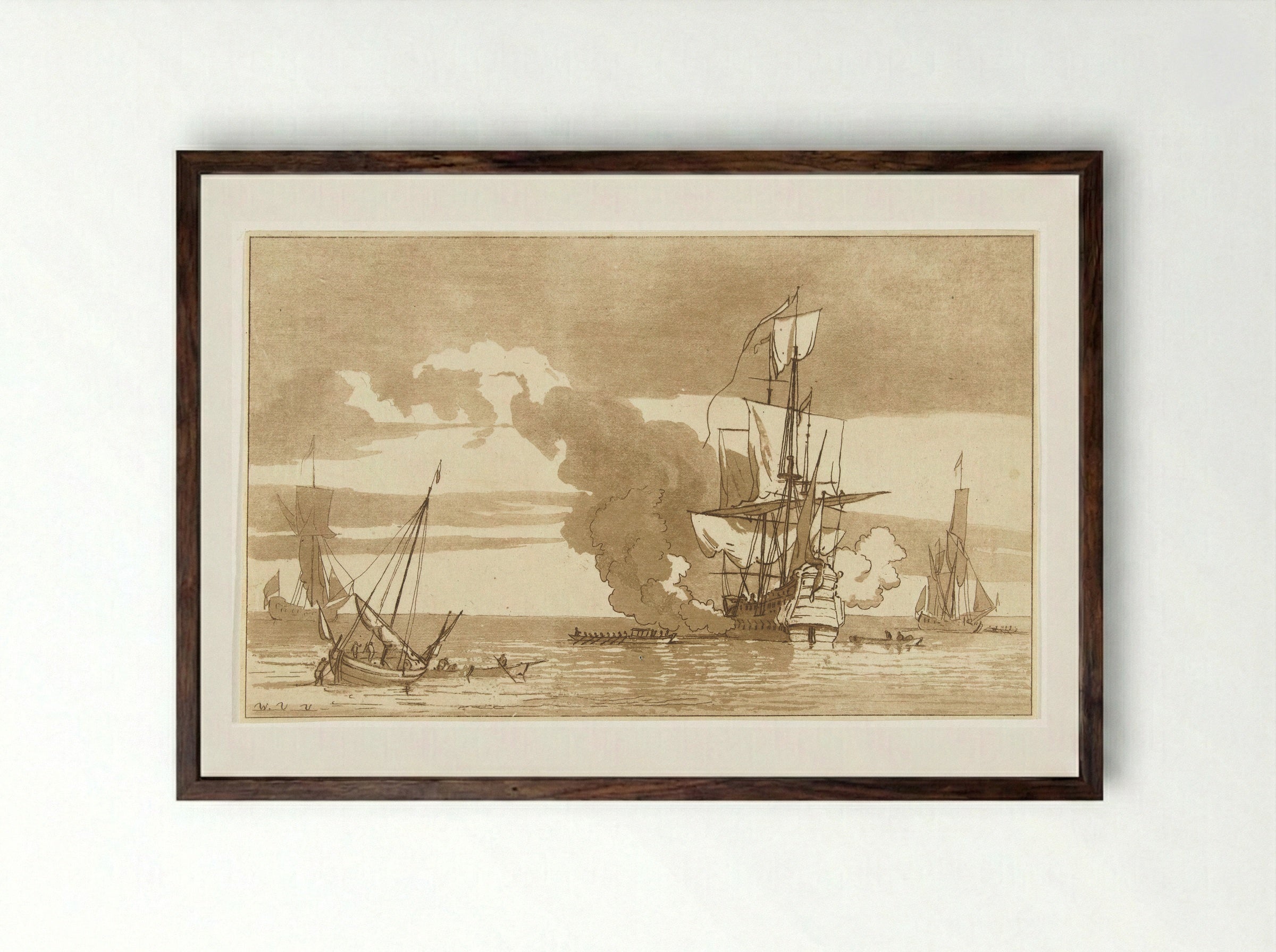 Zeeslag (Naval Battle) - Anthonie van den Bos - Framed Print Dark Wood