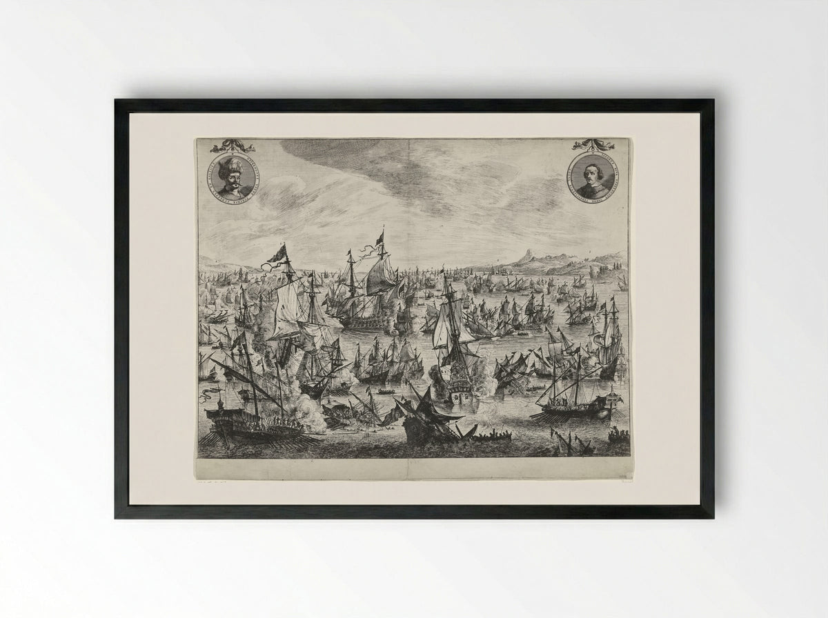 Zeeslag bij de haven van Focchies in 1649 - Pieter Nolpe - Framed Print Black