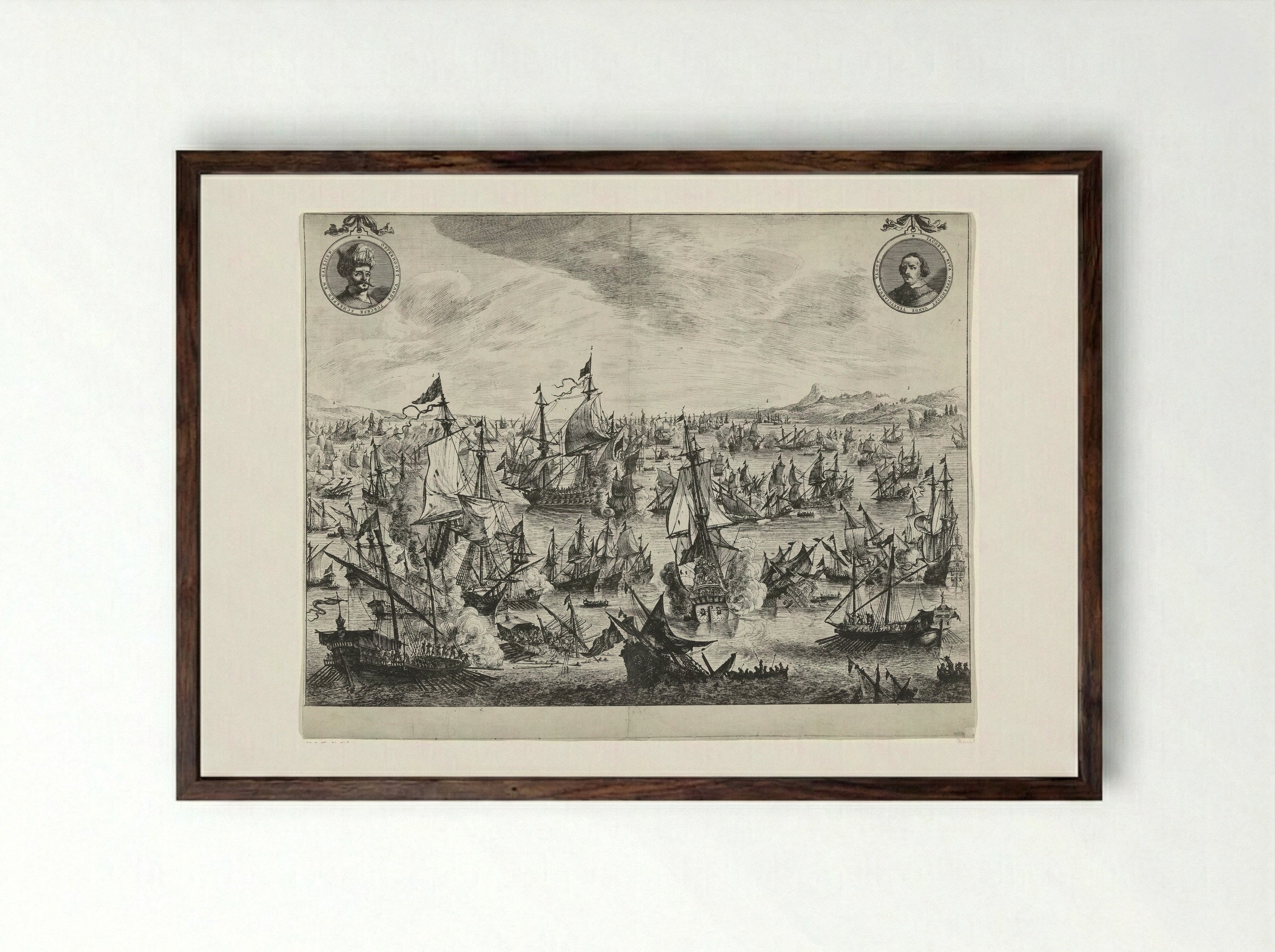 Zeeslag bij de haven van Focchies in 1649 - Pieter Nolpe - Framed Print Dark Wood