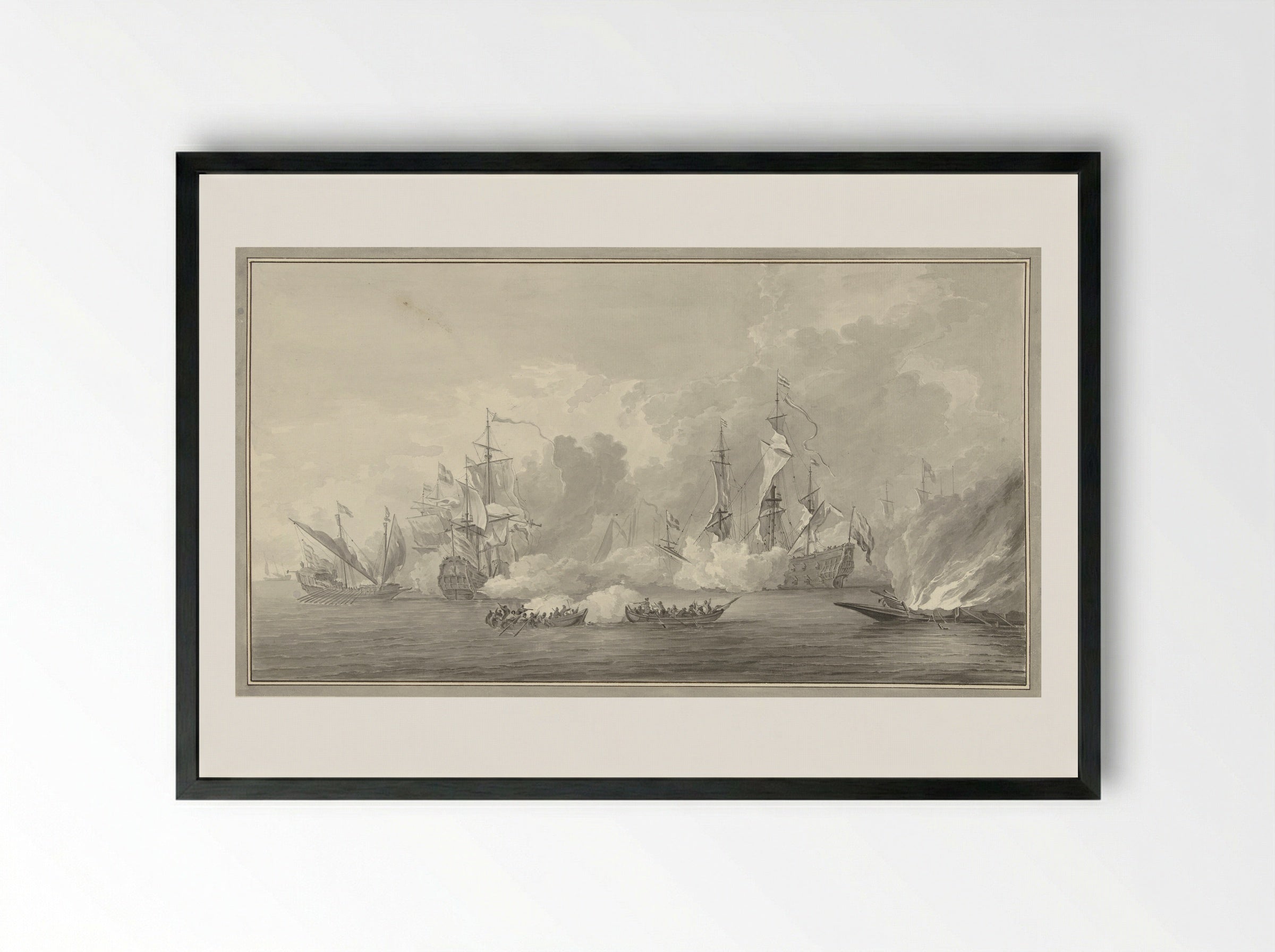 Zeeslag, mogelijk bij Kijkduin op 21 augustus 1673 - Nicolaes Muys - Framed Print Black