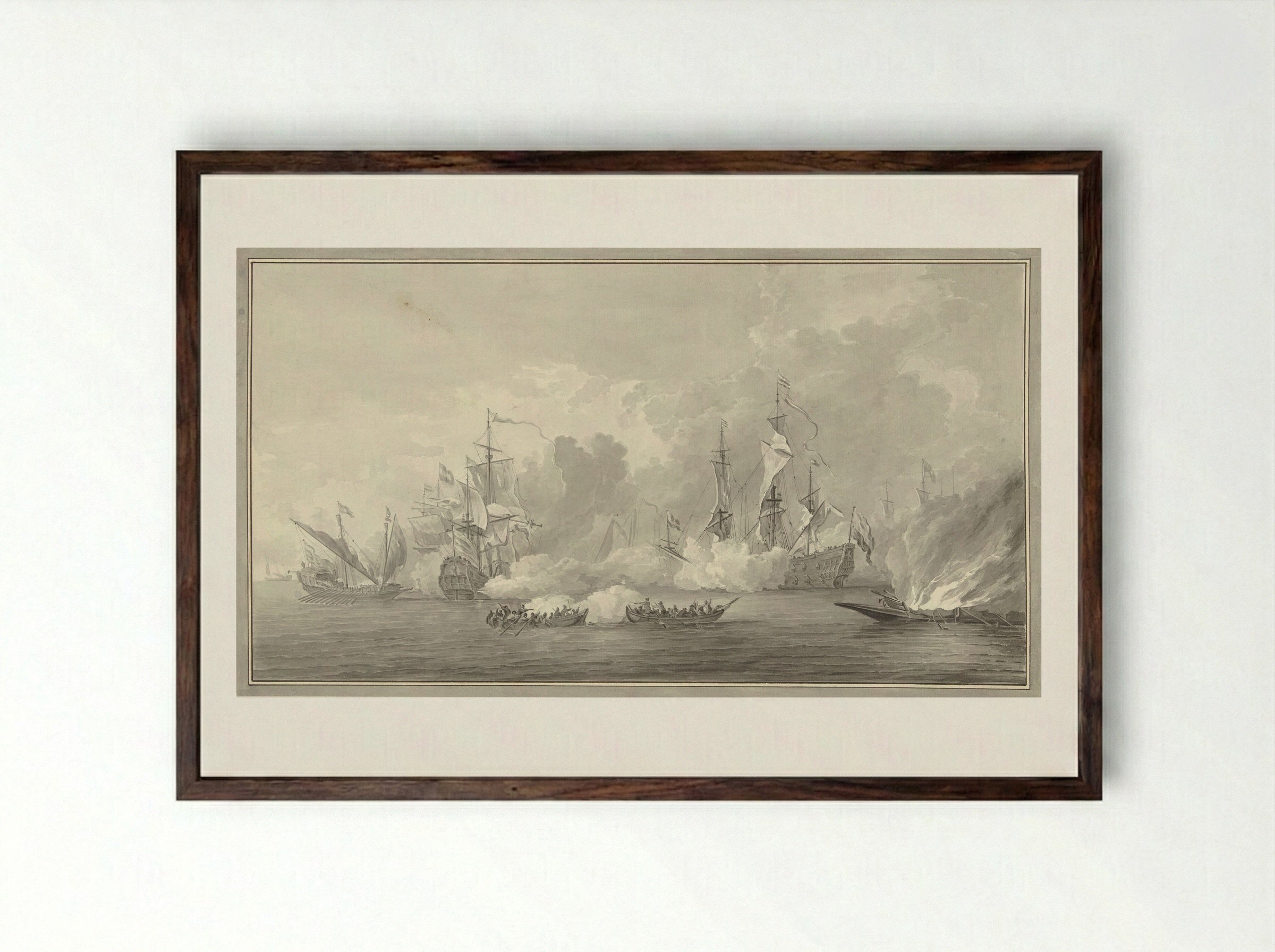 Zeeslag, mogelijk bij Kijkduin op 21 augustus 1673 - Nicolaes Muys - Framed Print Dark Wood