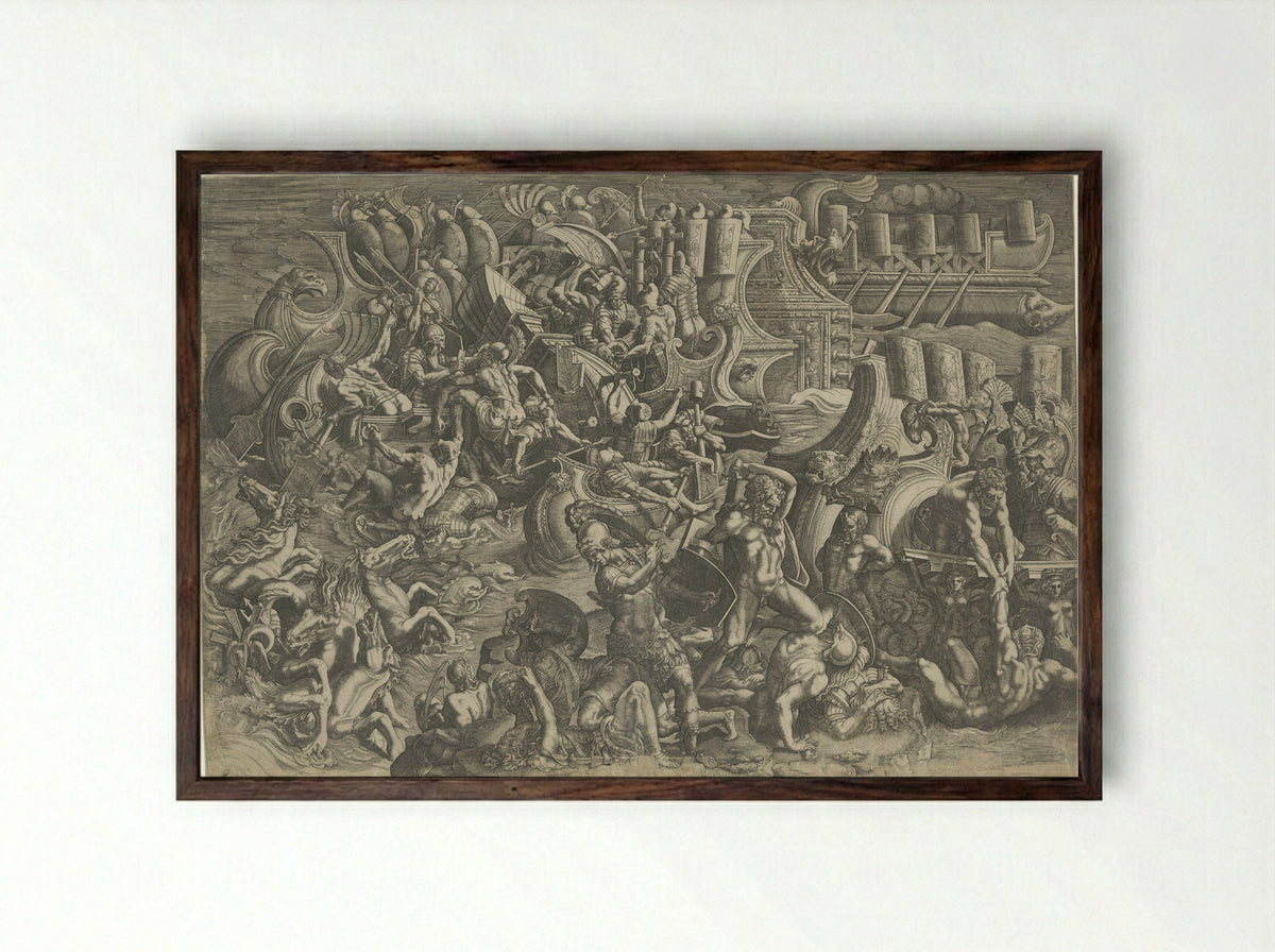 Zeeslag tussen de Trojanen en de Grieken - Giovanni Battista Scultori - Framed Print Dark Wood