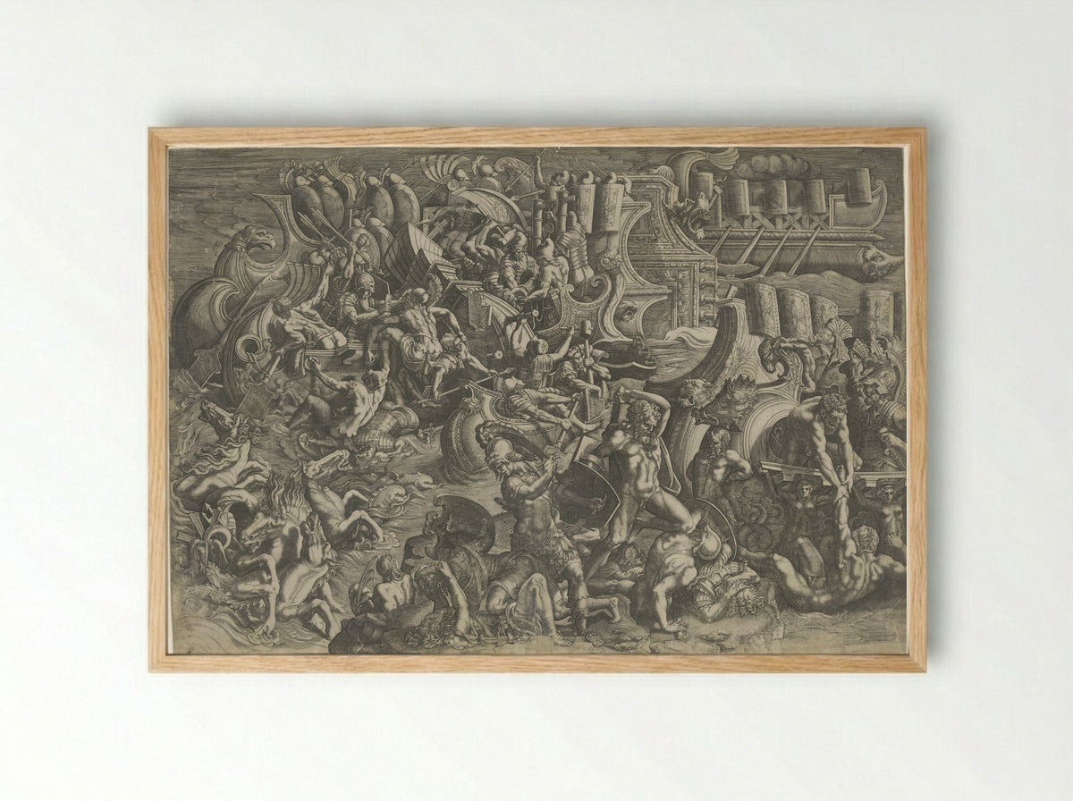 Zeeslag tussen de Trojanen en de Grieken - Giovanni Battista Scultori - Framed Print Wood