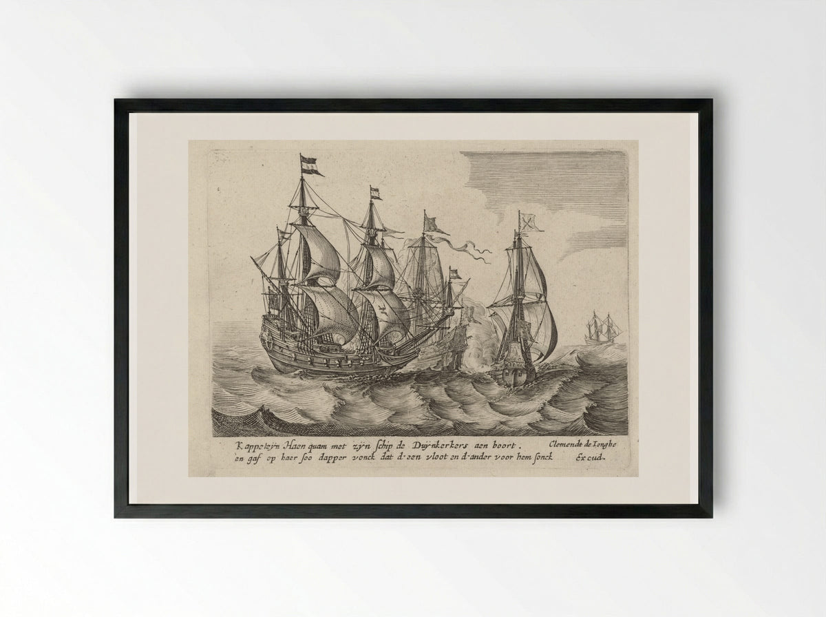 Zeeslag tussen drie zeilschepen - Salomon Savery - Framed Print Black