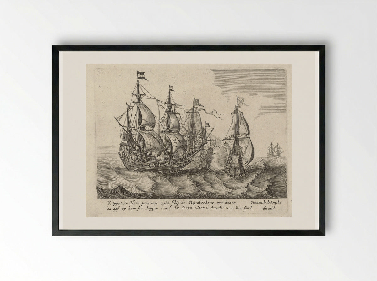 Zeeslag tussen drie zeilschepen - Salomon Savery - Framed Print Black