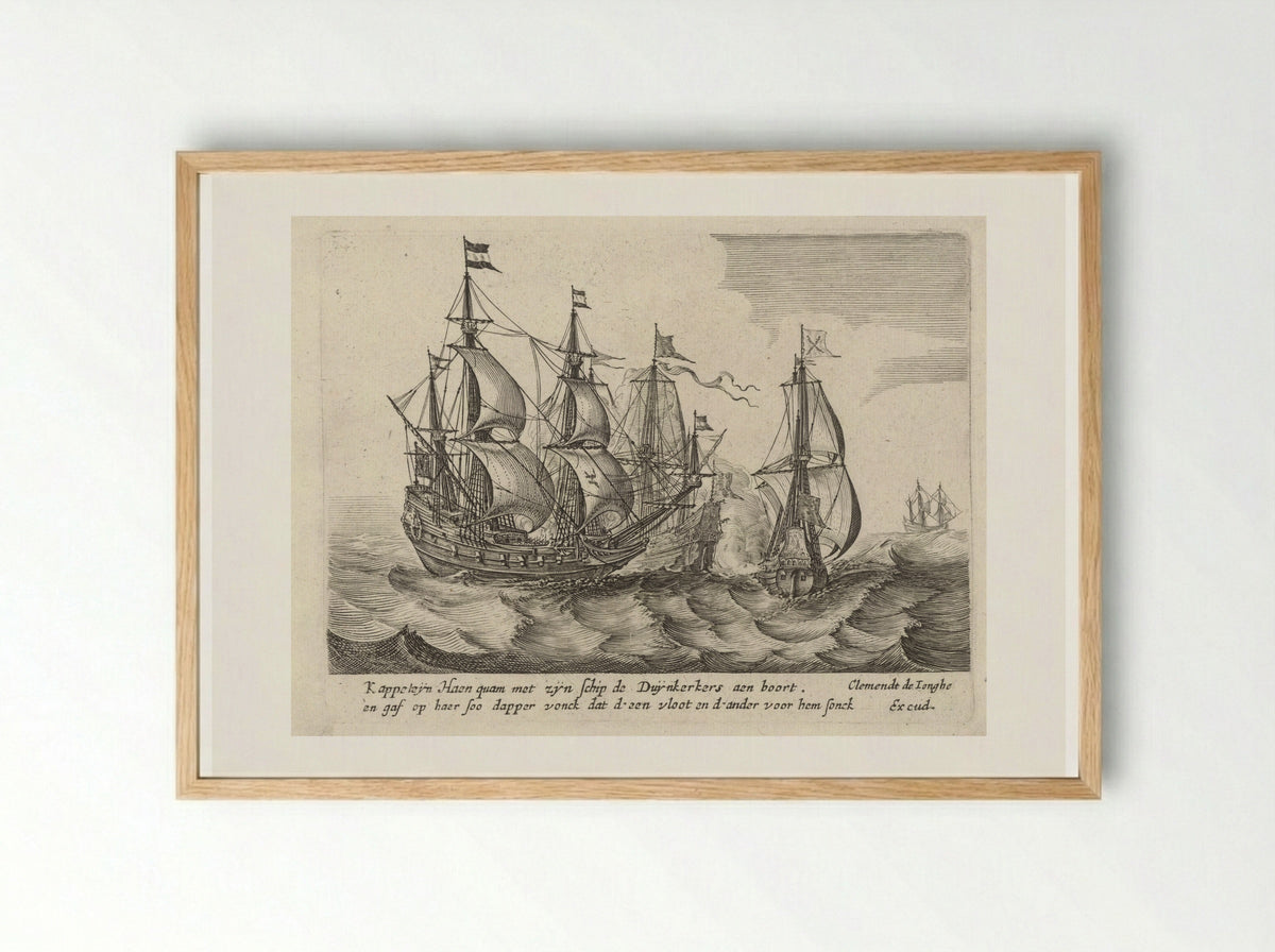 Zeeslag tussen drie zeilschepen - Salomon Savery - Framed Print Wood