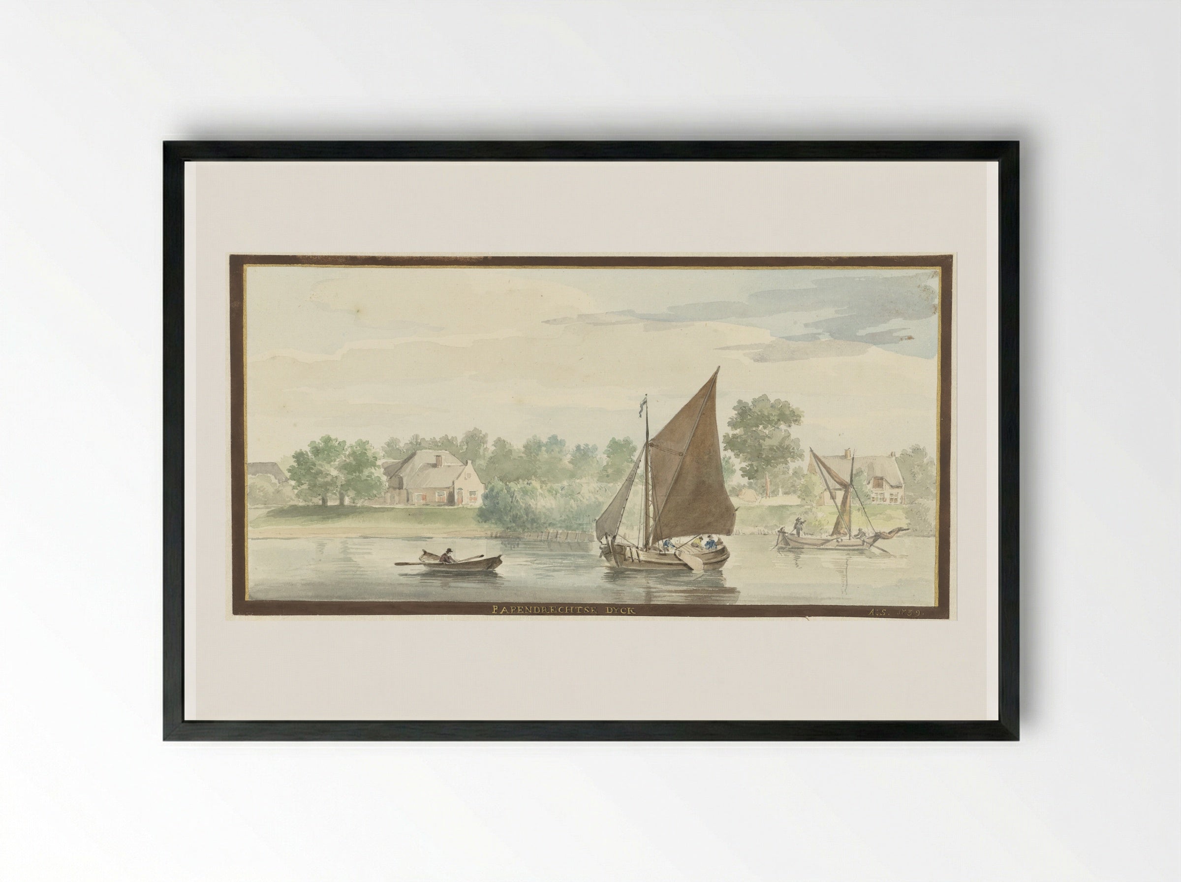 Zeilend schip op de Beneden Merwede bij de Papendrechtse dijk - Aert Schouman - Framed Print Black