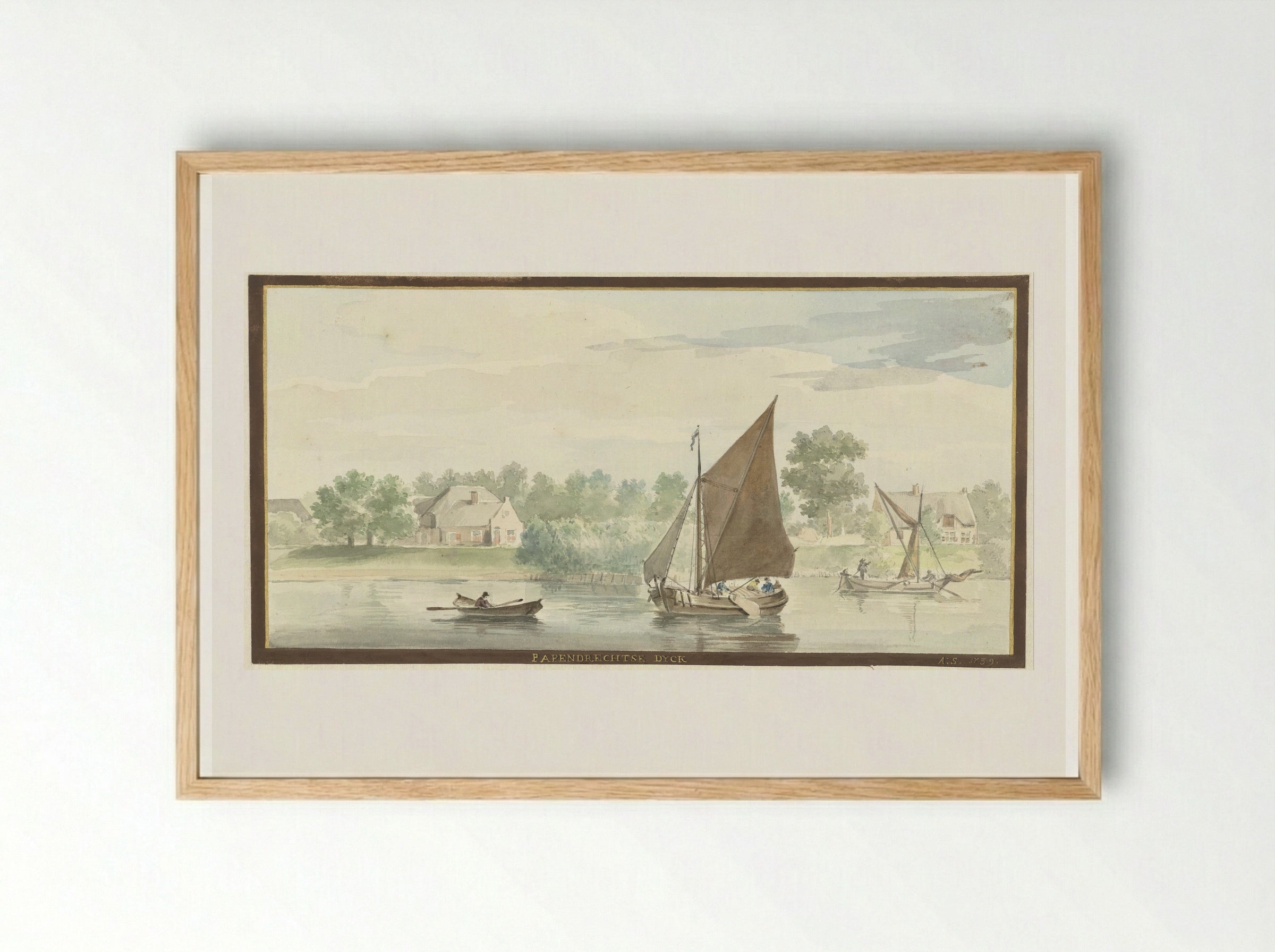 Zeilend schip op de Beneden Merwede bij de Papendrechtse dijk - Aert Schouman - Framed Print Wood