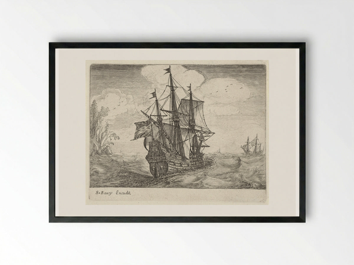 Zeilende driemaster met links een rotskust met bomen - Salomon Savery - Framed Print Black
