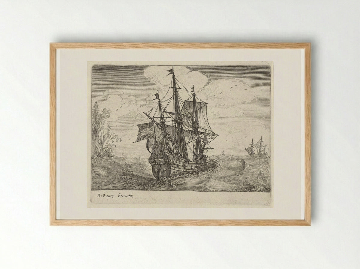 Zeilende driemaster met links een rotskust met bomen - Salomon Savery - Framed Print Wood