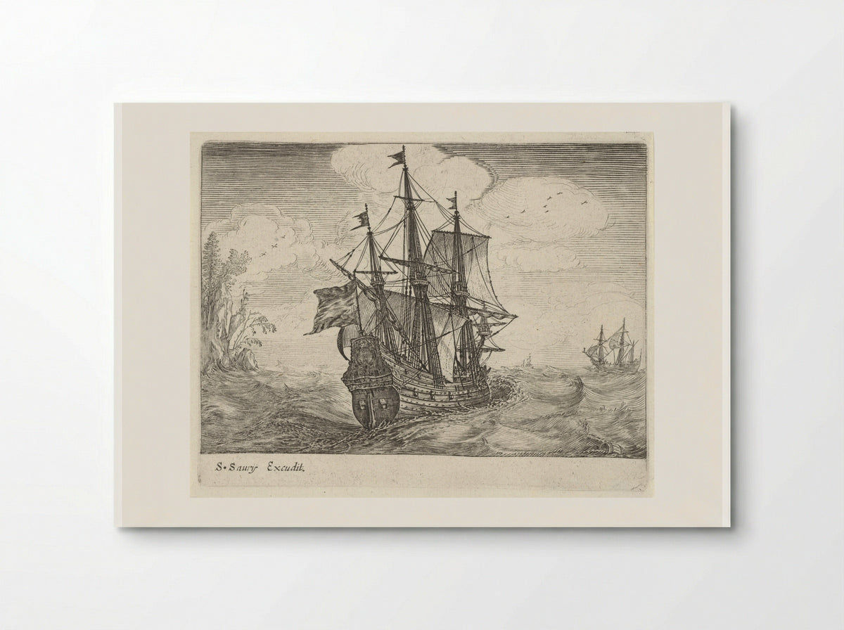 Zeilende driemaster met links een rotskust met bomen - Salomon Savery - Poster