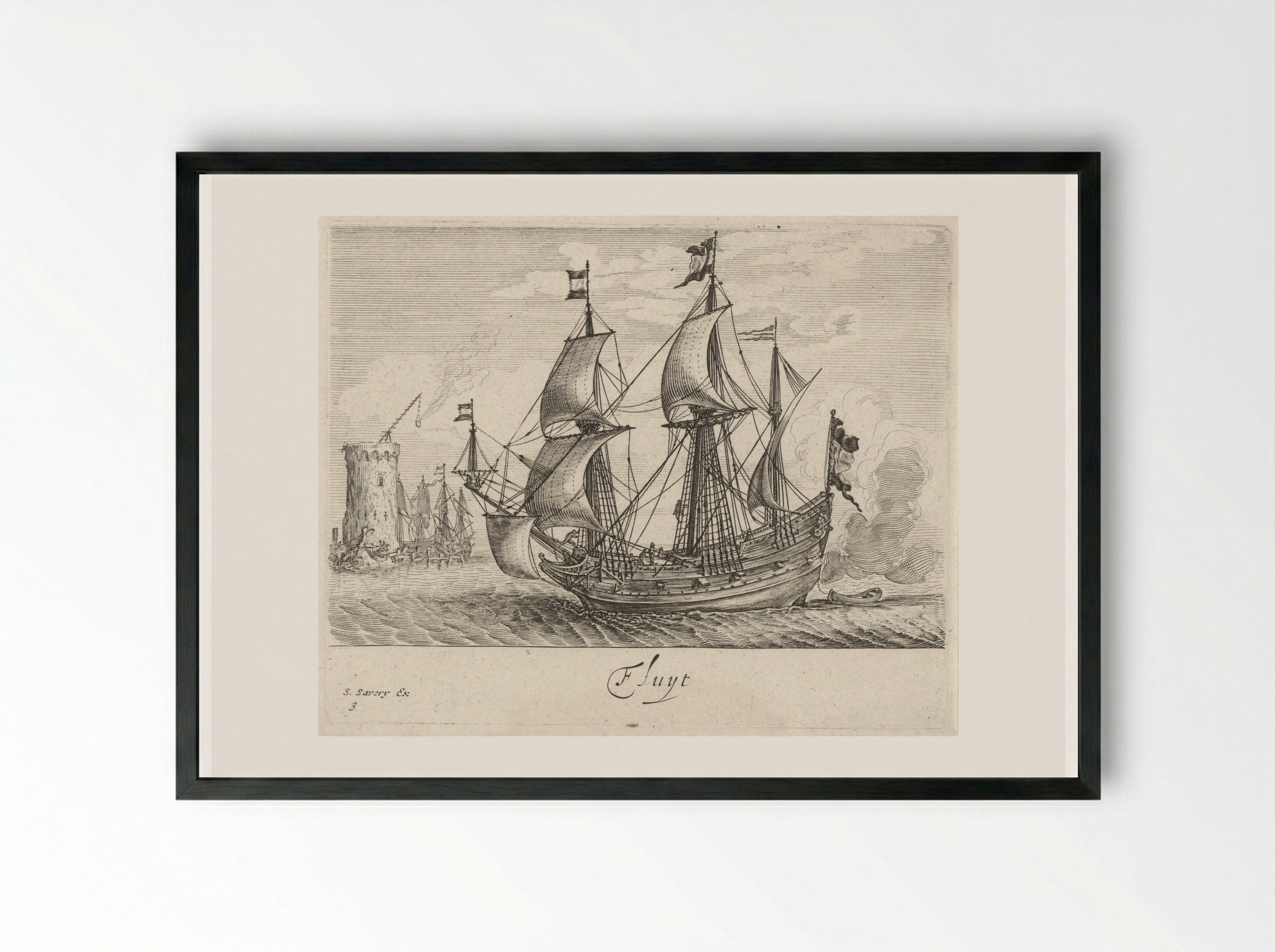 Zeilende driemaster met op de achtergrond een vuurtoren en zeilschepen - Salomon Savery - Framed Print Black