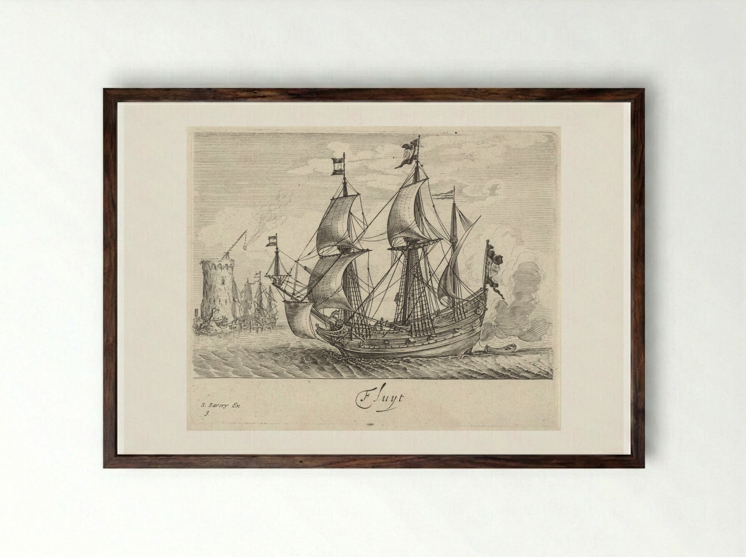 Zeilende driemaster met op de achtergrond een vuurtoren en zeilschepen - Salomon Savery - Framed Print Dark Wood