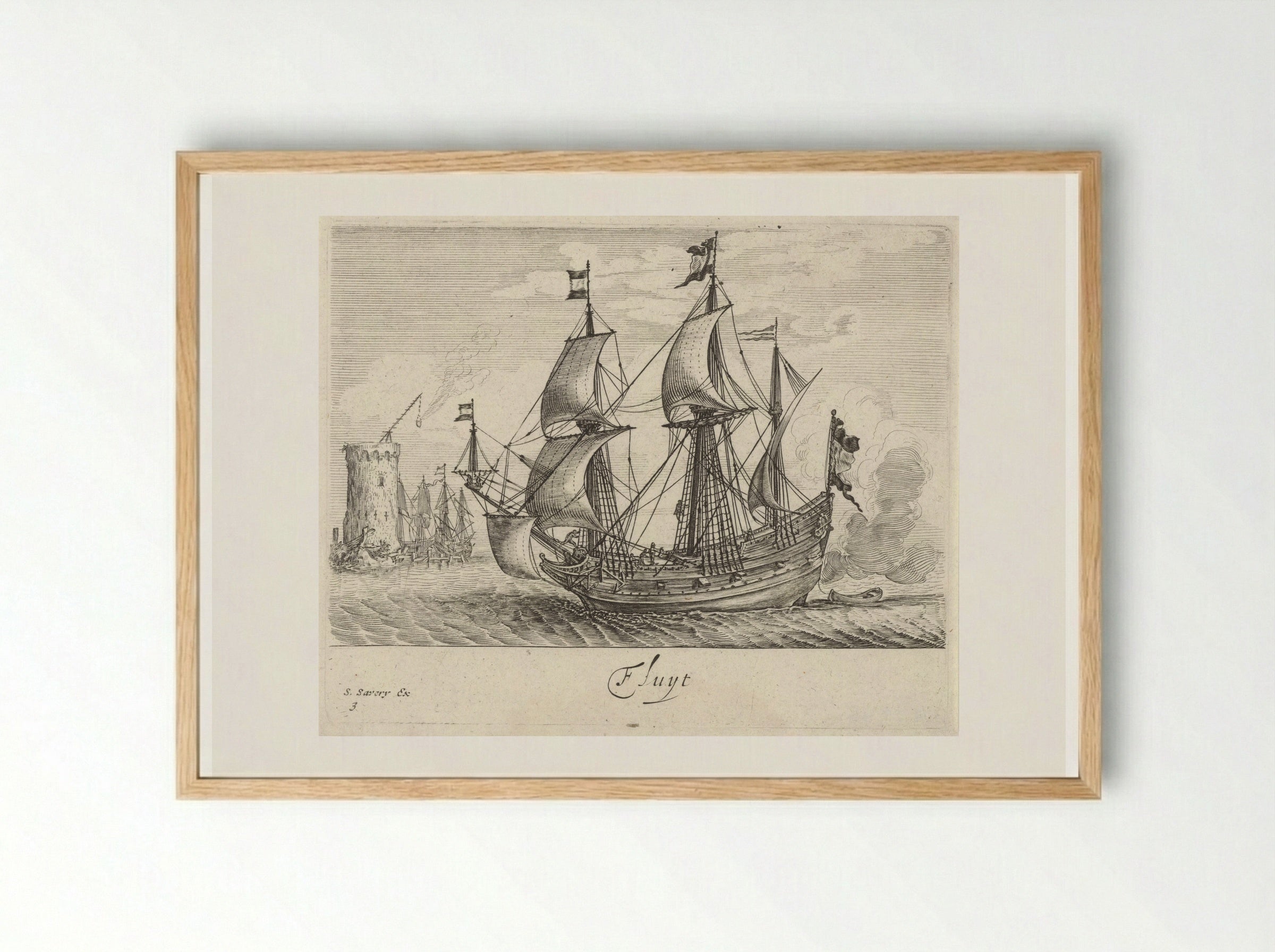 Zeilende driemaster met op de achtergrond een vuurtoren en zeilschepen - Salomon Savery - Framed Print Wood