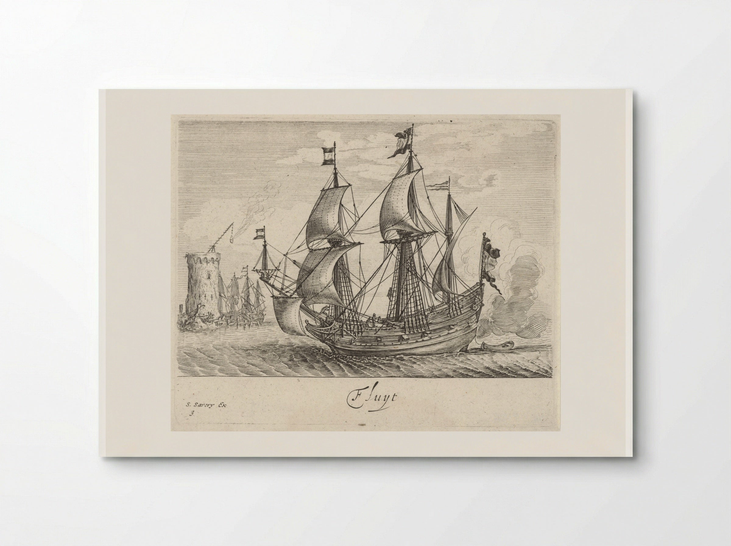 Zeilende driemaster met op de achtergrond een vuurtoren en zeilschepen - Salomon Savery - Poster