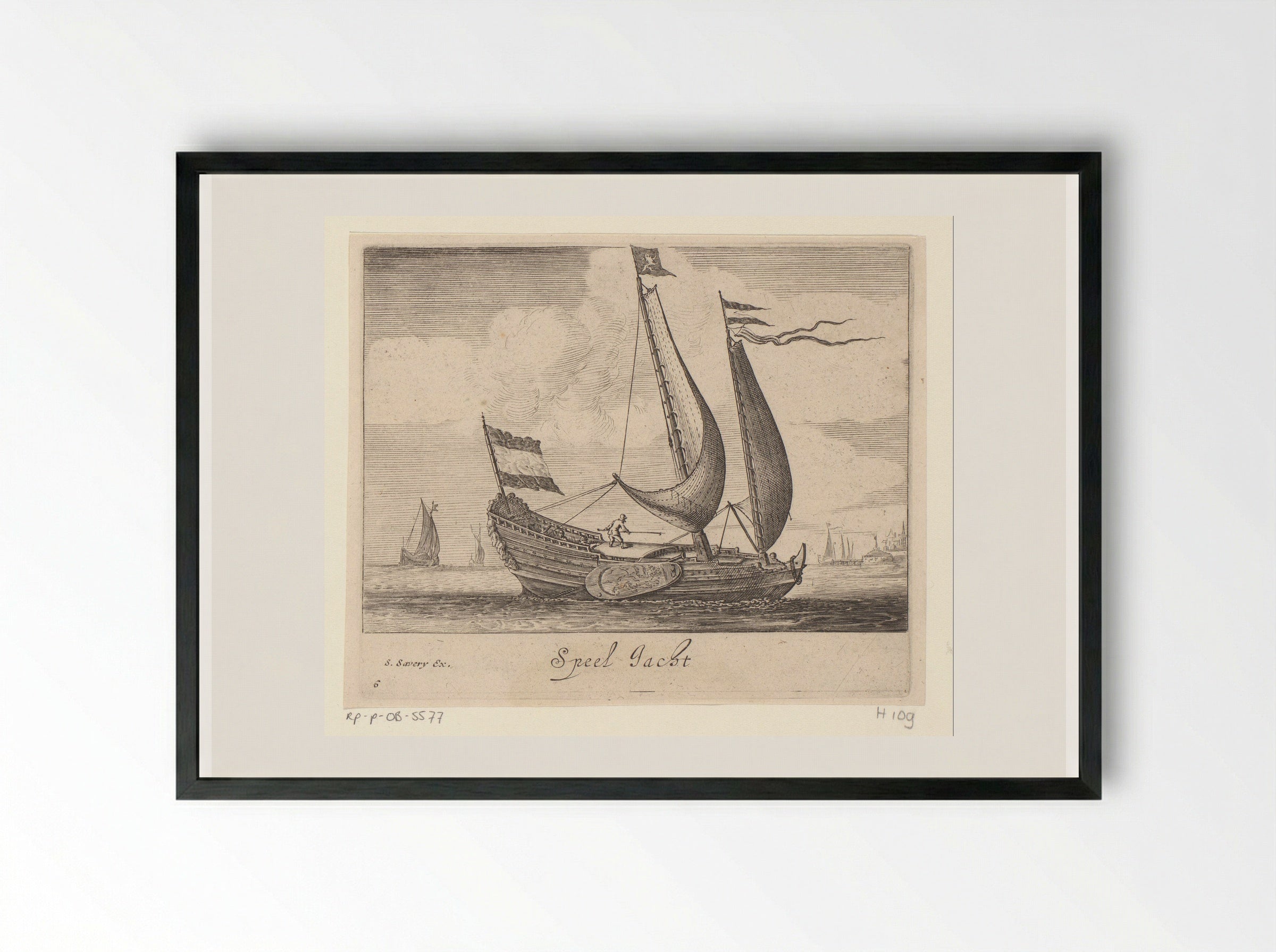 Zeilende tweemaster, van opzij gezien - Salomon Savery - Framed Print Black