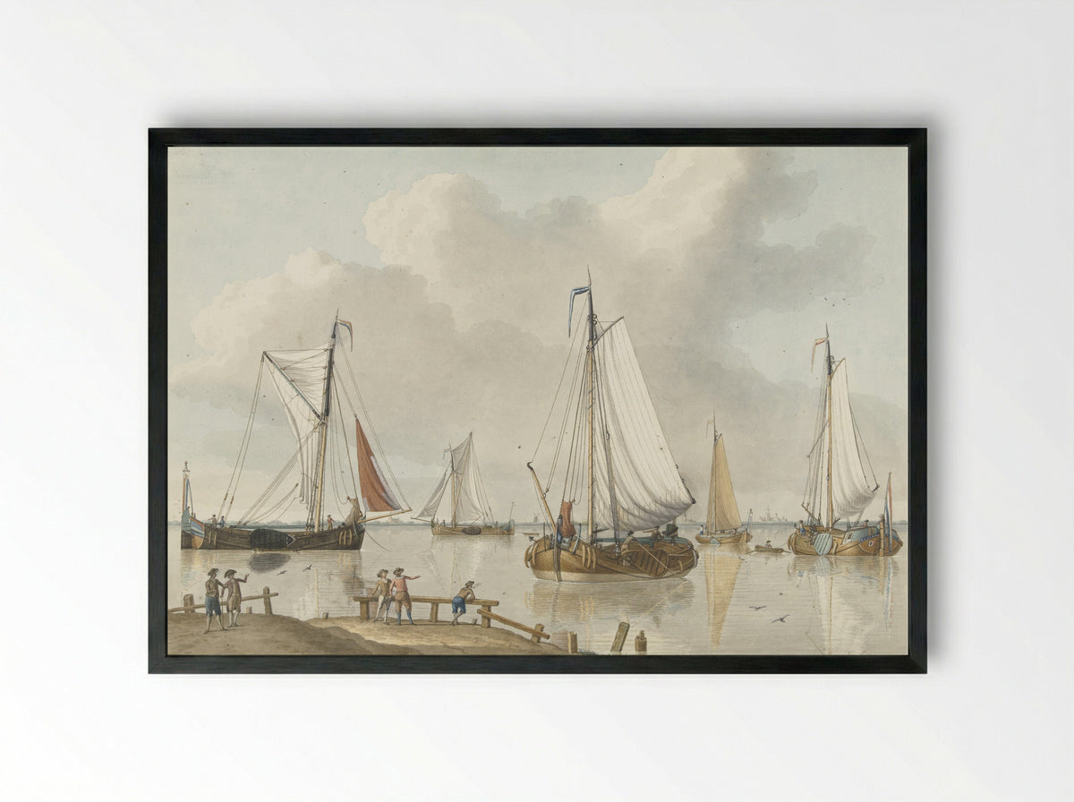 Zeilschepen, aan de kant staan vijf mannen - Jan Arends - Framed Print Black