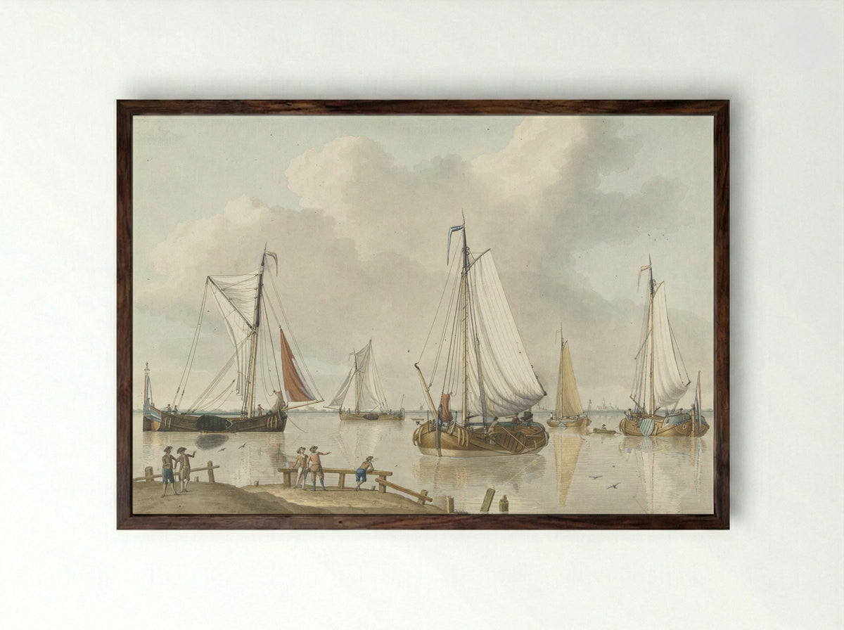 Zeilschepen, aan de kant staan vijf mannen - Jan Arends - Framed Print Dark Wood