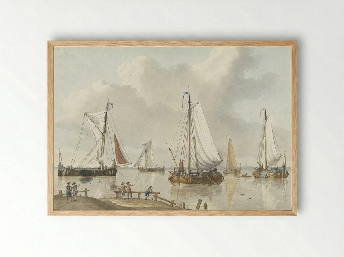 Zeilschepen, aan de kant staan vijf mannen - Jan Arends - Framed Print Wood
