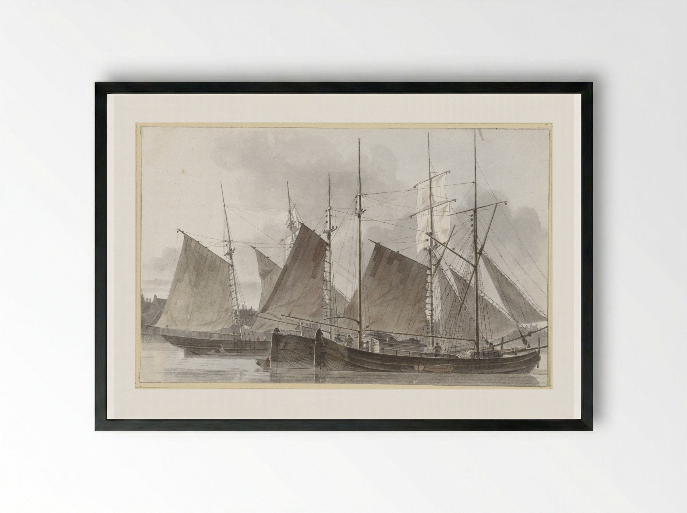 Zeilschepen aangemeerd voor een stad - Hendrik Abraham Klinkhamer - Framed Print Black