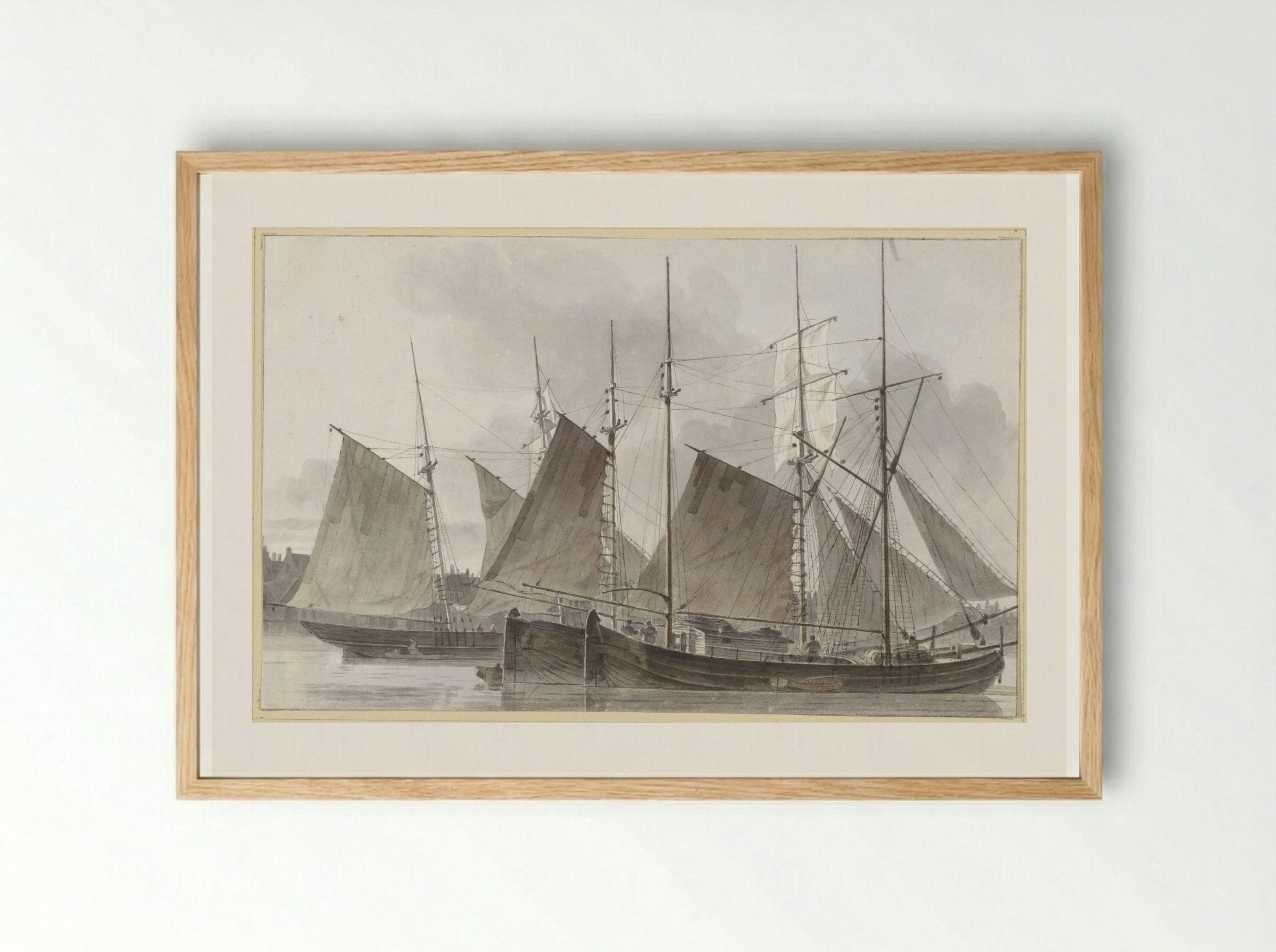 Zeilschepen aangemeerd voor een stad - Hendrik Abraham Klinkhamer - Framed Print Wood