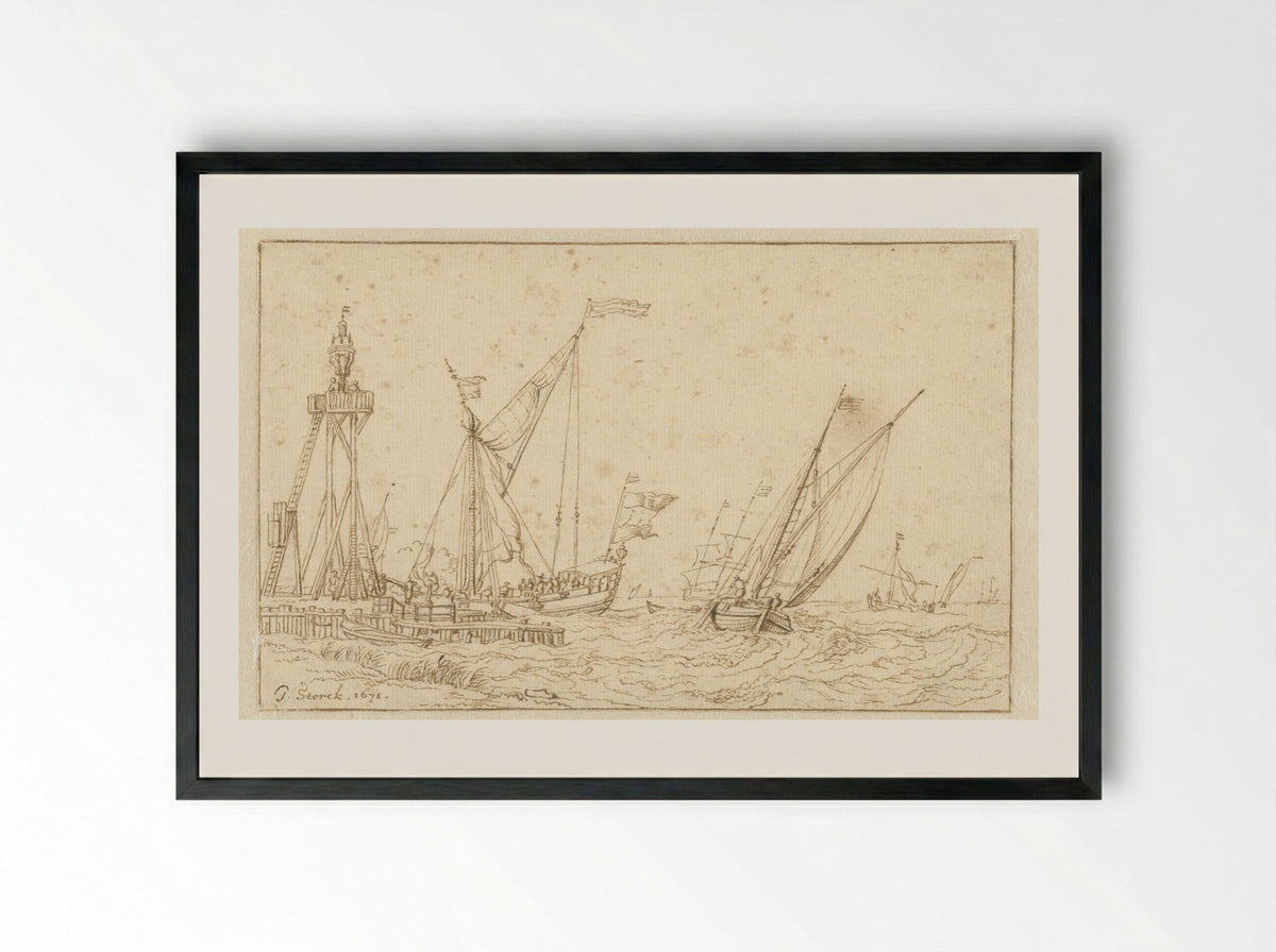 Zeilschepen bij een steiger met een grote lantaarn - Jacobus Storck - Framed Print Black