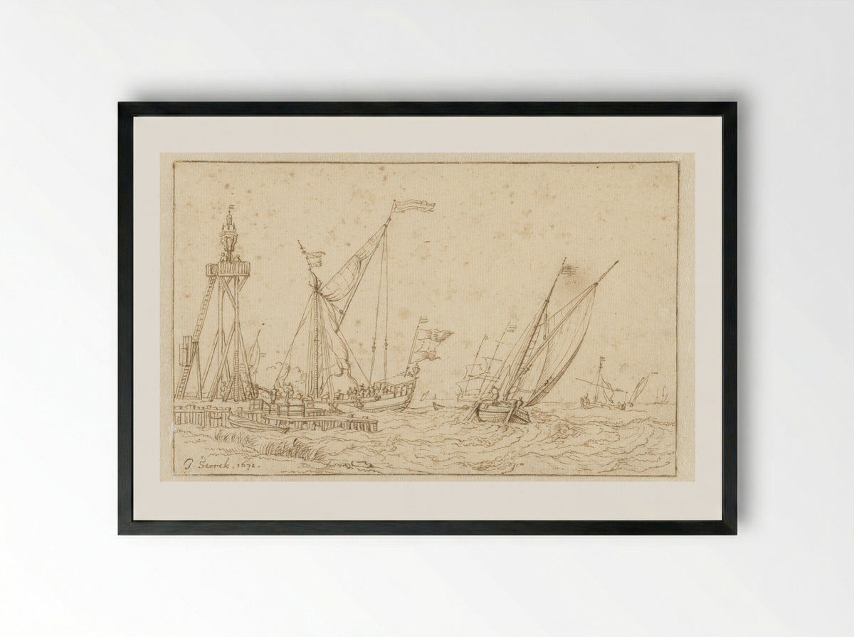 Zeilschepen bij een steiger met een grote lantaarn - Jacobus Storck - Framed Print Black
