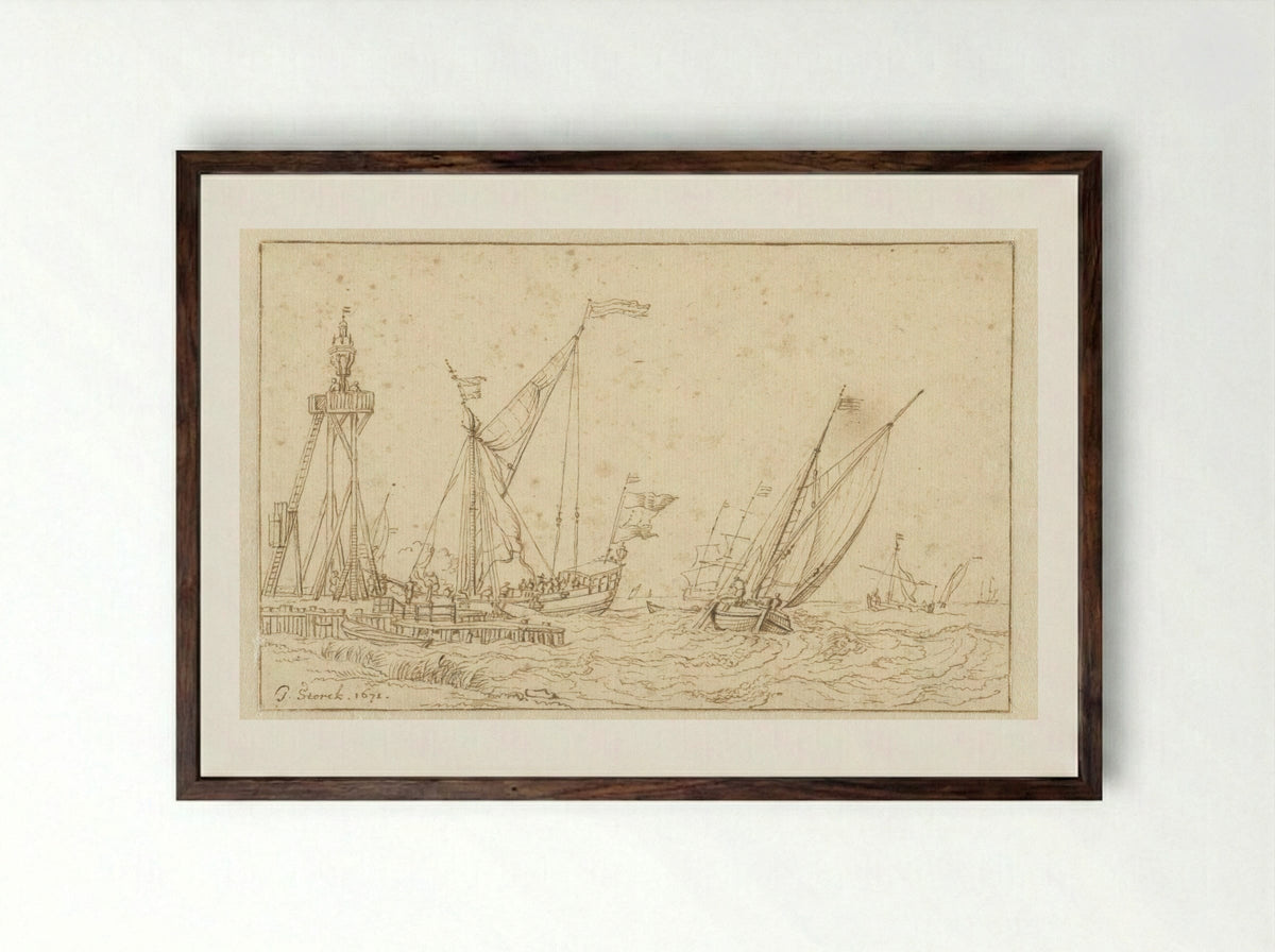 Zeilschepen bij een steiger met een grote lantaarn - Jacobus Storck - Framed Print Dark Wood