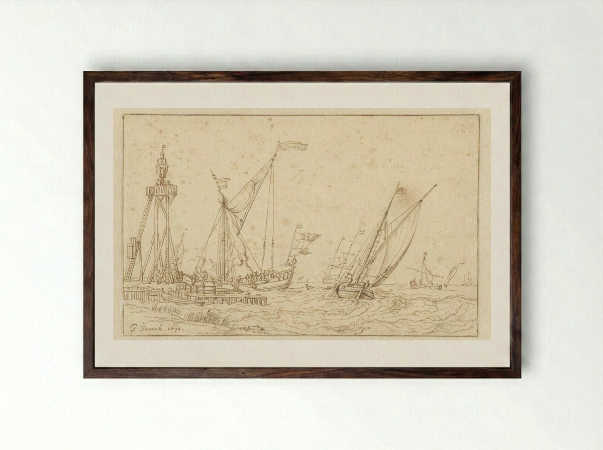 Zeilschepen bij een steiger met een grote lantaarn - Jacobus Storck - Framed Print Dark Wood