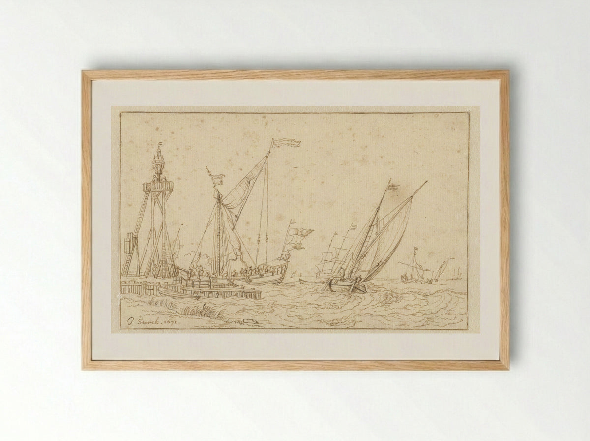 Zeilschepen bij een steiger met een grote lantaarn - Jacobus Storck - Framed Print Wood