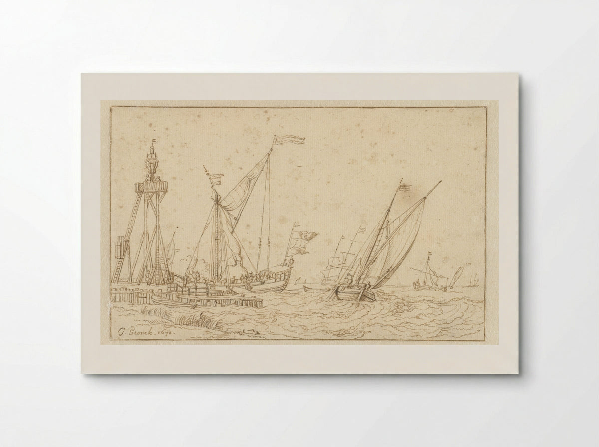 Zeilschepen bij een steiger met een grote lantaarn - Jacobus Storck - Poster