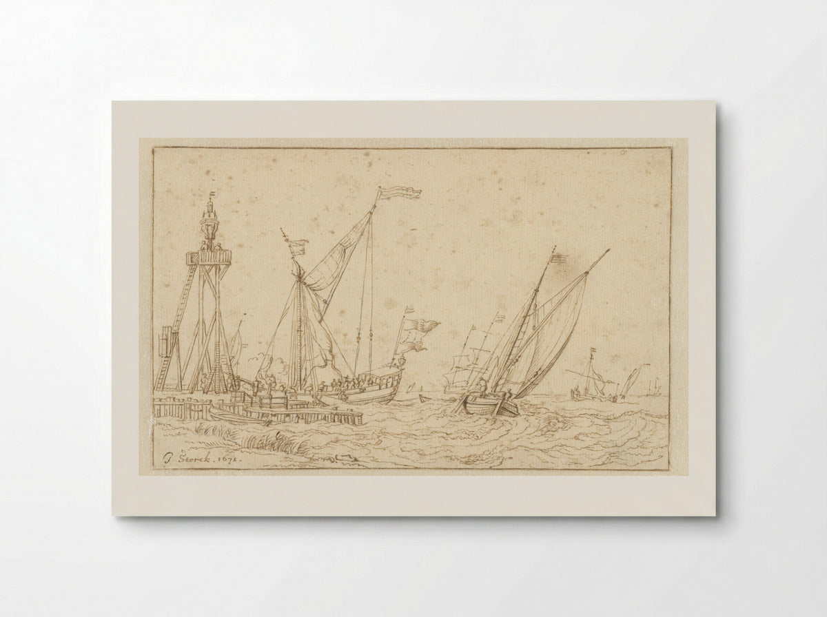 Zeilschepen bij een steiger met een grote lantaarn - Jacobus Storck - Poster