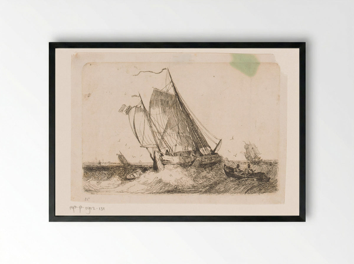Zeilschepen en een roeiboot op onrustige zee - Egidius Linnig - Framed Print Black