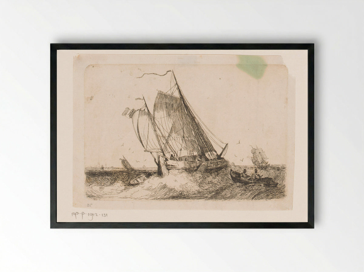 Zeilschepen en een roeiboot op onrustige zee - Egidius Linnig - Framed Print Black