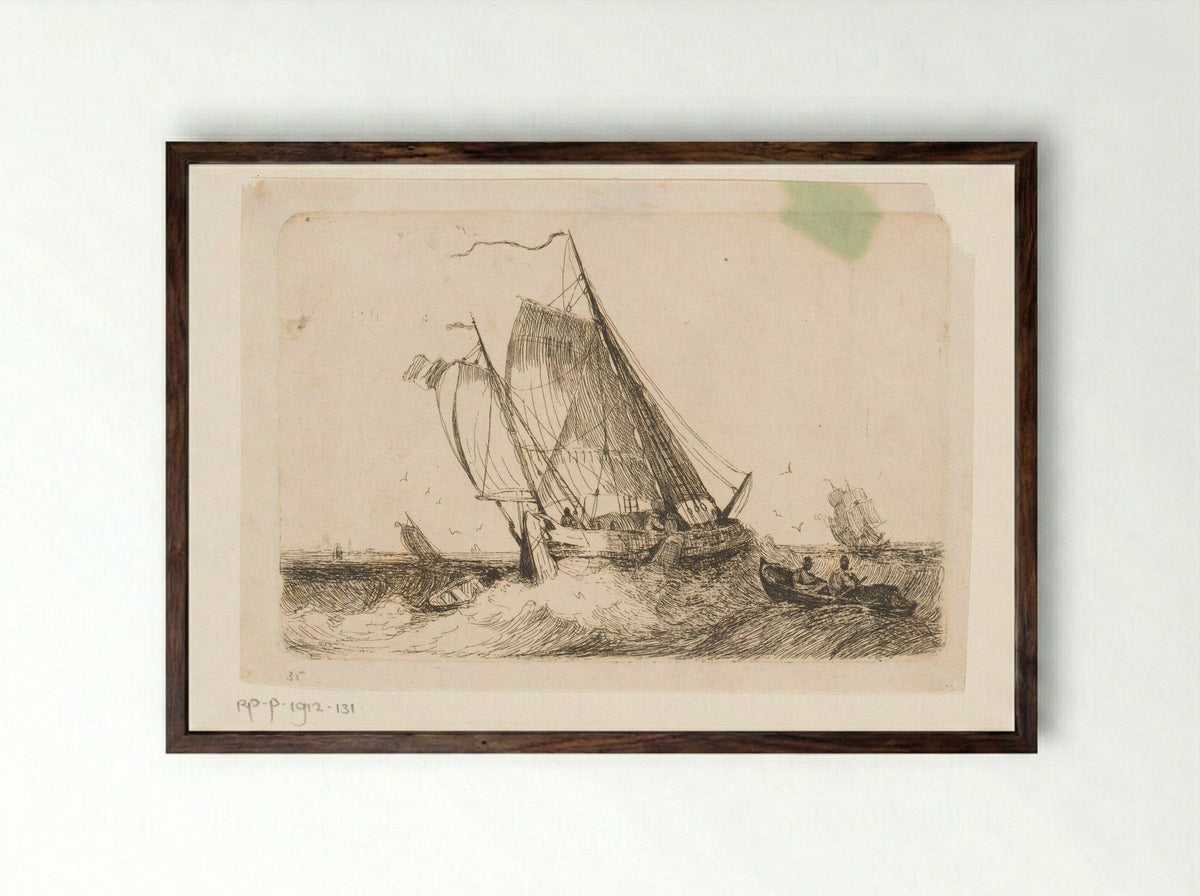 Zeilschepen en een roeiboot op onrustige zee - Egidius Linnig - Framed Print Dark Wood