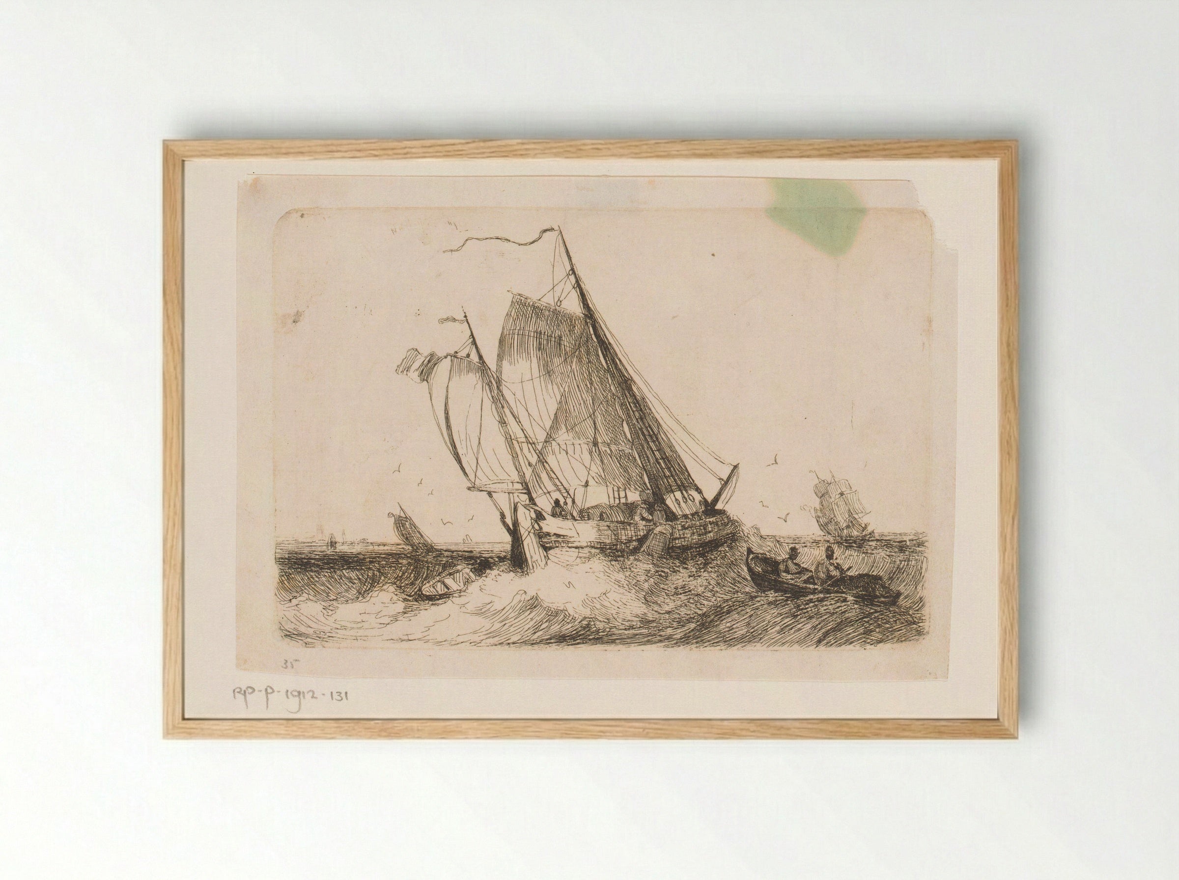 Zeilschepen en een roeiboot op onrustige zee - Egidius Linnig - Framed Print Wood