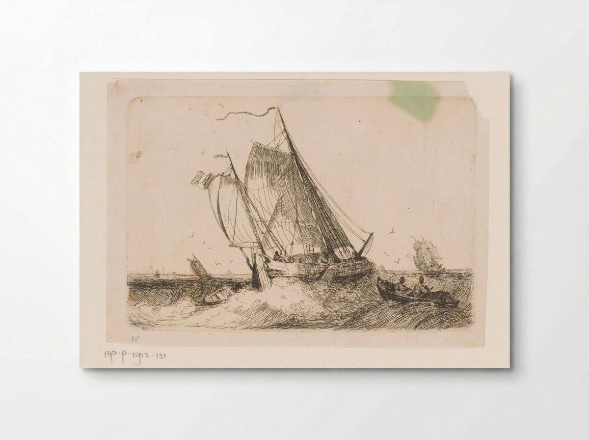 Zeilschepen en een roeiboot op onrustige zee - Egidius Linnig - Poster