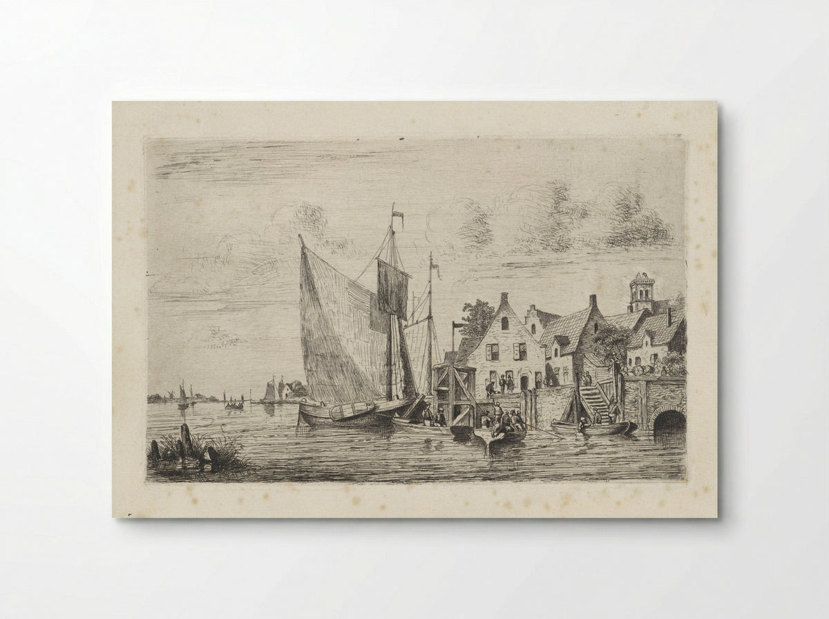 Zeilschepen en sloepen aan de kade bij een dorp - Henri Adolphe Schaep - Poster
