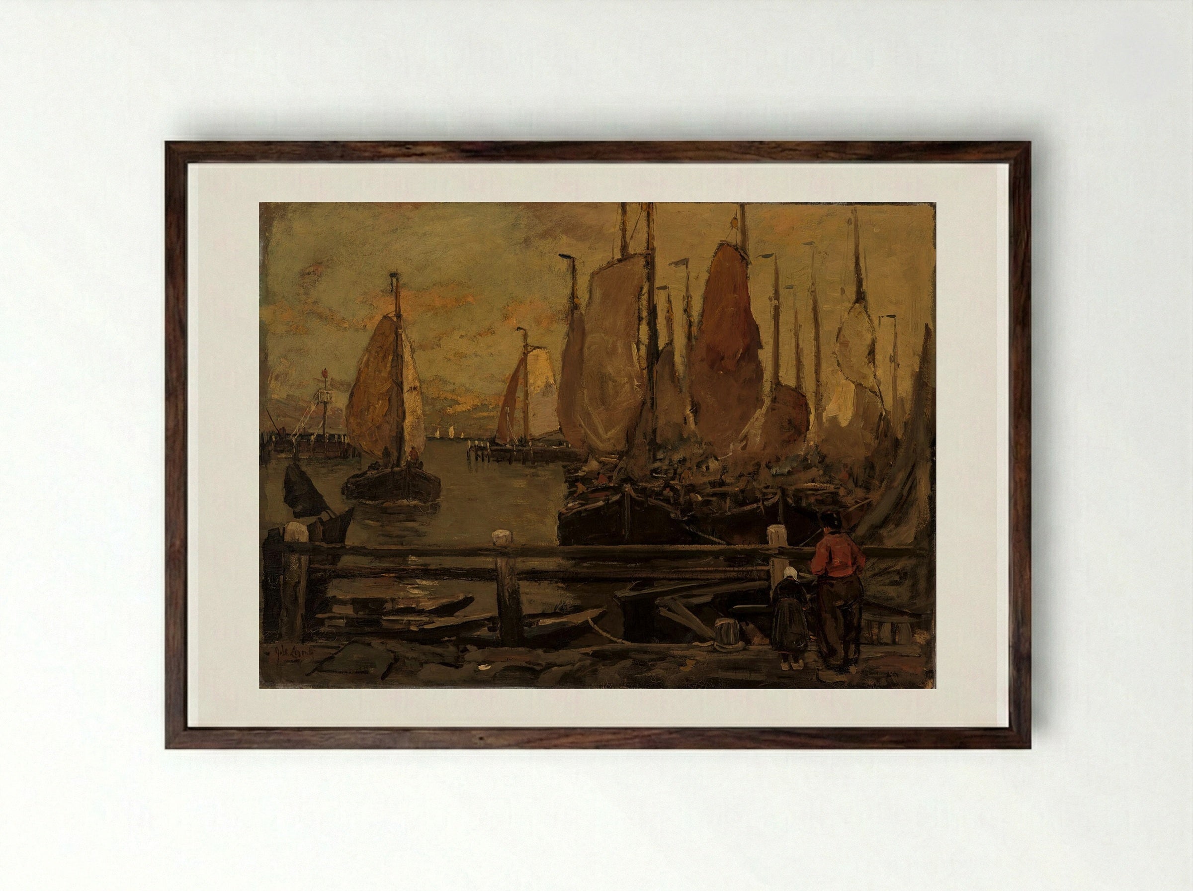 Zeilschepen in de haven van Oostende - Adolf le Comte - Framed Print Dark Wood