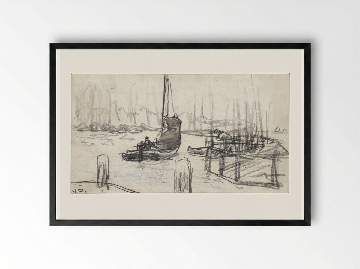 Zeilschepen op rivier - Adolf le Comte - Framed Print Black