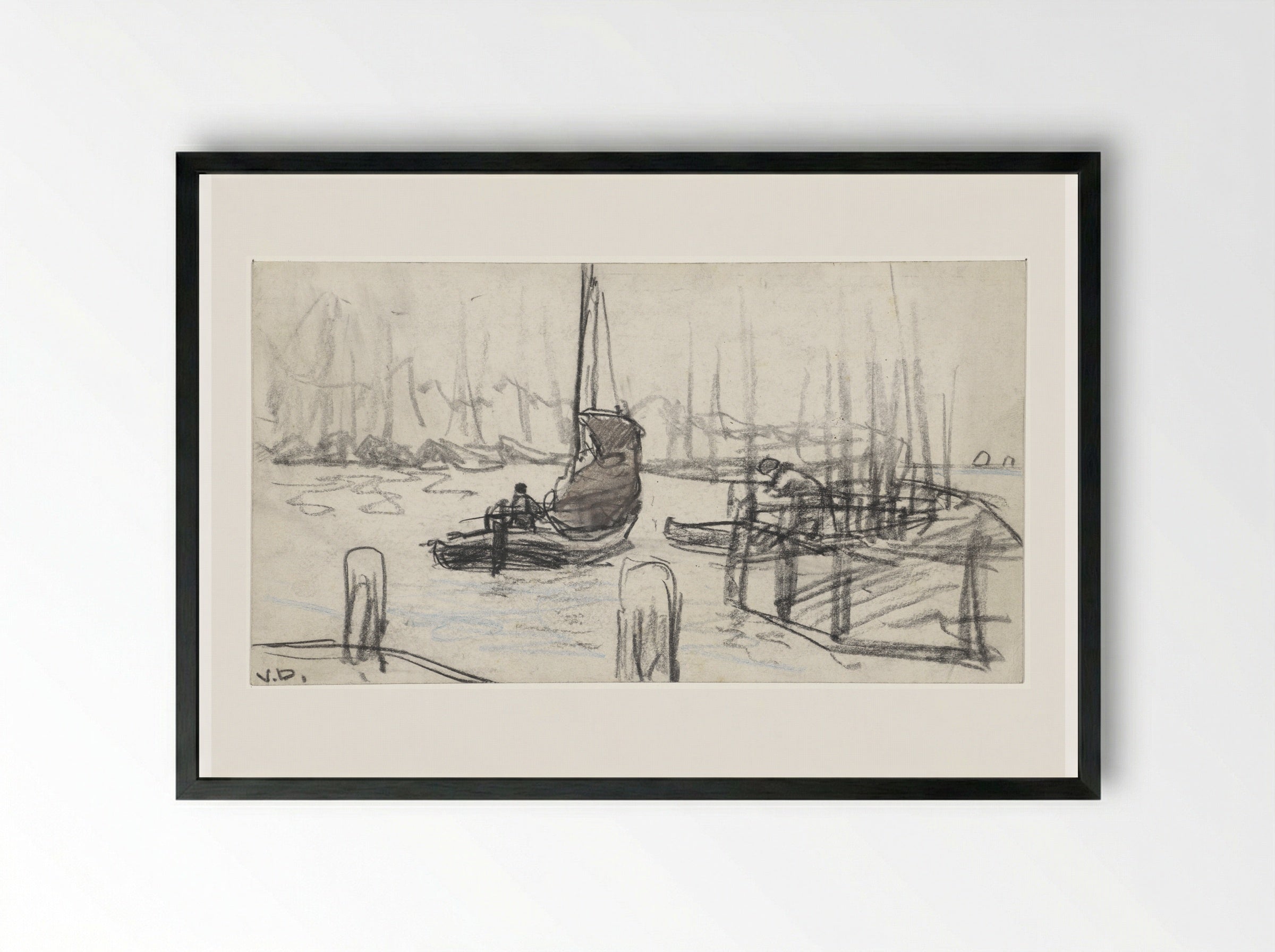 Zeilschepen op rivier - Adolf le Comte - Framed Print Black